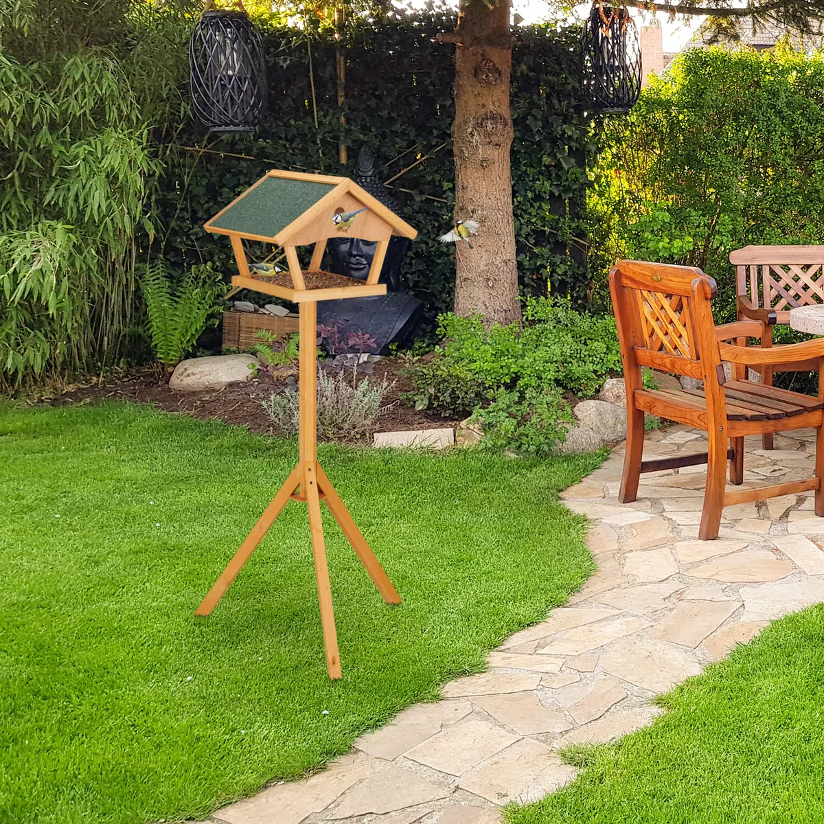 Relaxdays Mangiatoia per Uccelli con Supporto, Casetta con Tetto Resistente alle Intemperie, Casa Legno, Naturale/Verde