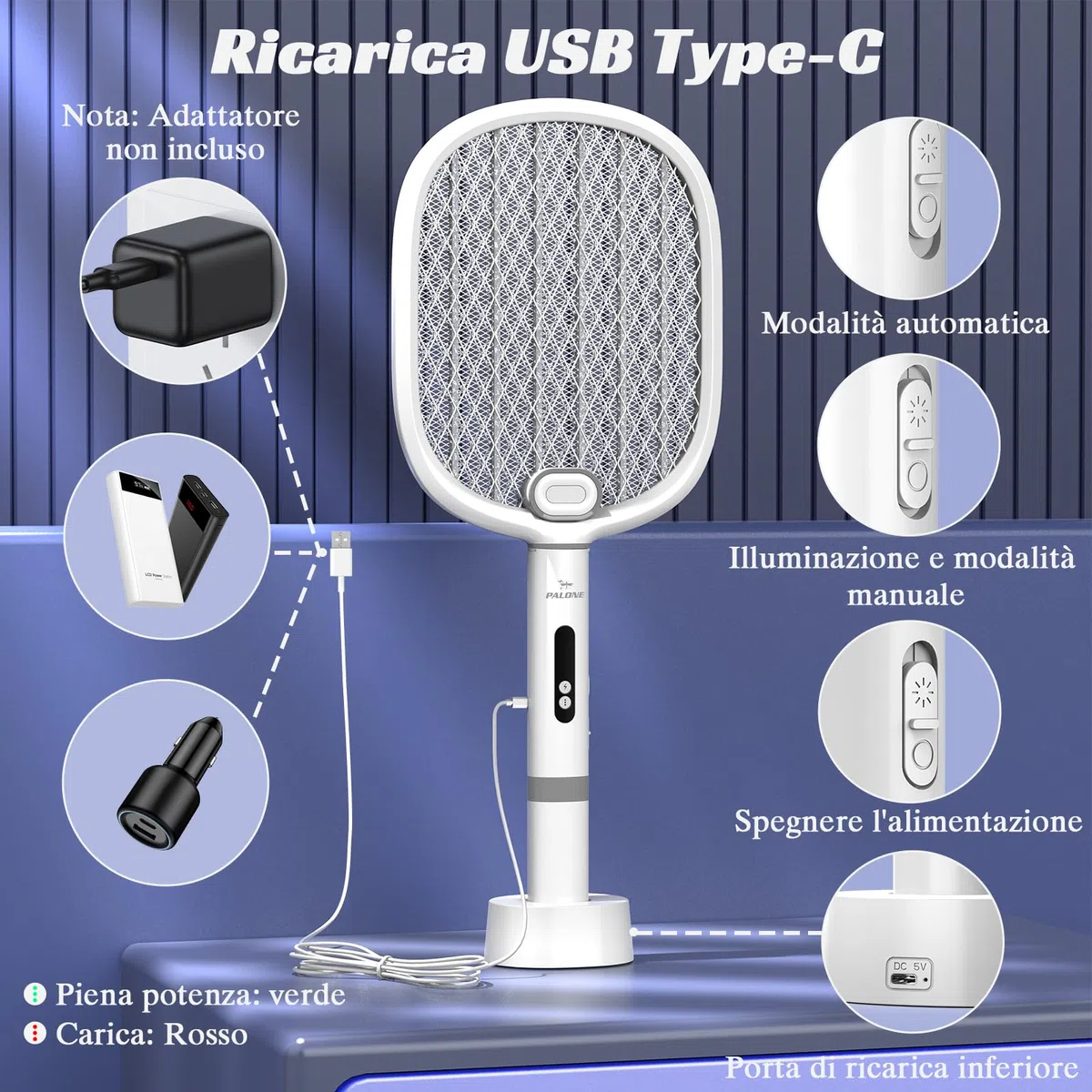 PALONE Racchetta Zanzare Elettrica 4000V con 2 Type-C, Portatile Ricaricabile 1800mAh Scacciamosche Elettrico Rimovibile, Notte LED & Base di Ricarica USB C