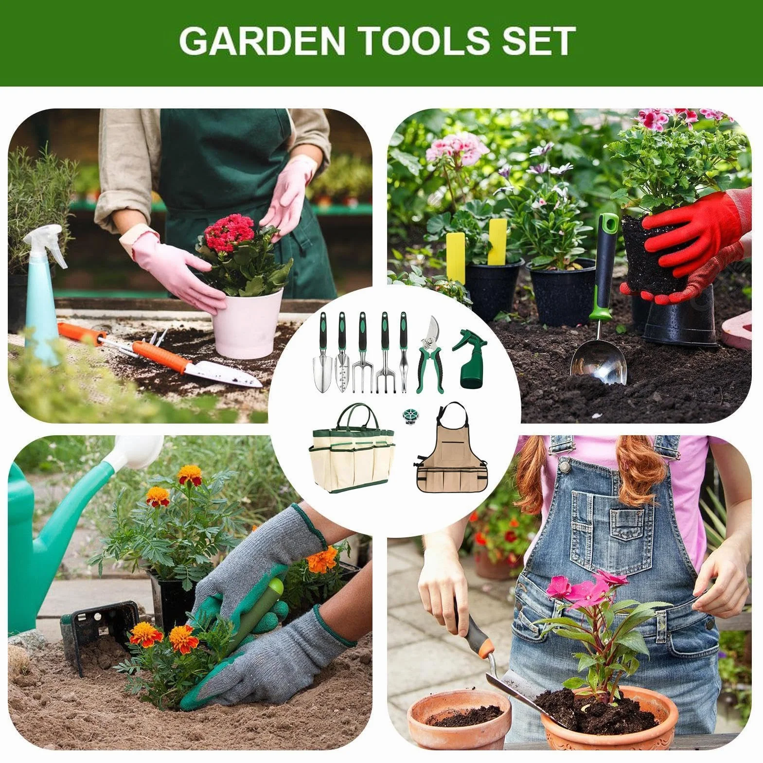Set da Giardinaggio 11 Pezzi Con Pale e Grembiule con Tasca | Attrezzi da Giardino Resistenti per Donne Uomini Mamma Papà Giardinieri Principianti Prato Esterno
