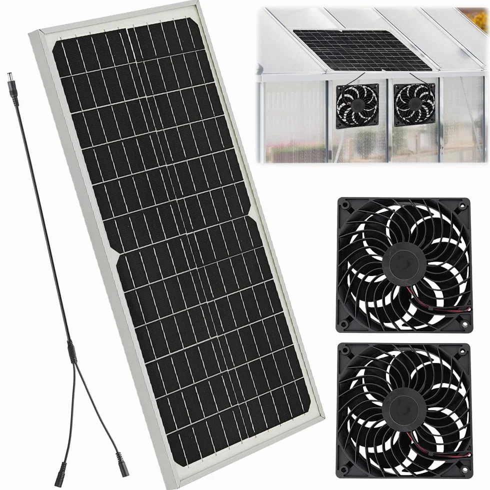 Ventilatore con Pannello Solare 16W, Kit Ventola per Pannello Solare, 2 Ventole Impermeabili, Scarico Finestre per Piccoli Pollai, Serre, Capannoni