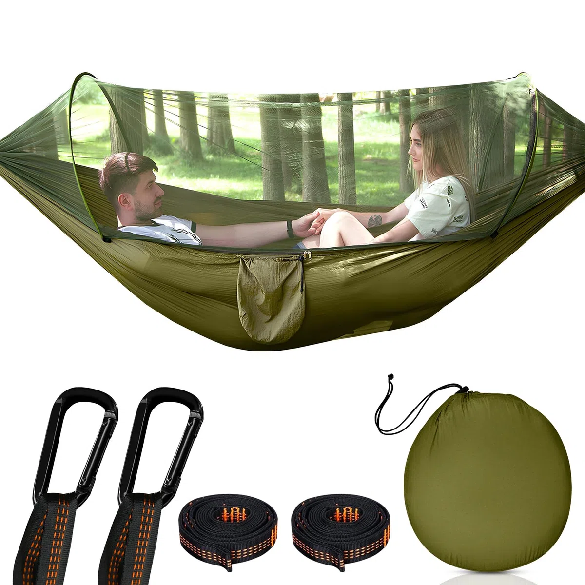 Amaca da Campeggio con Zanzariera, Capacità di Carico 300kg, 290x140cm Ultraleggera Nylon da Paracadute, Amaca Portatile con Moschettoni, Amaca per attività all'aperto, campeggio e giardino