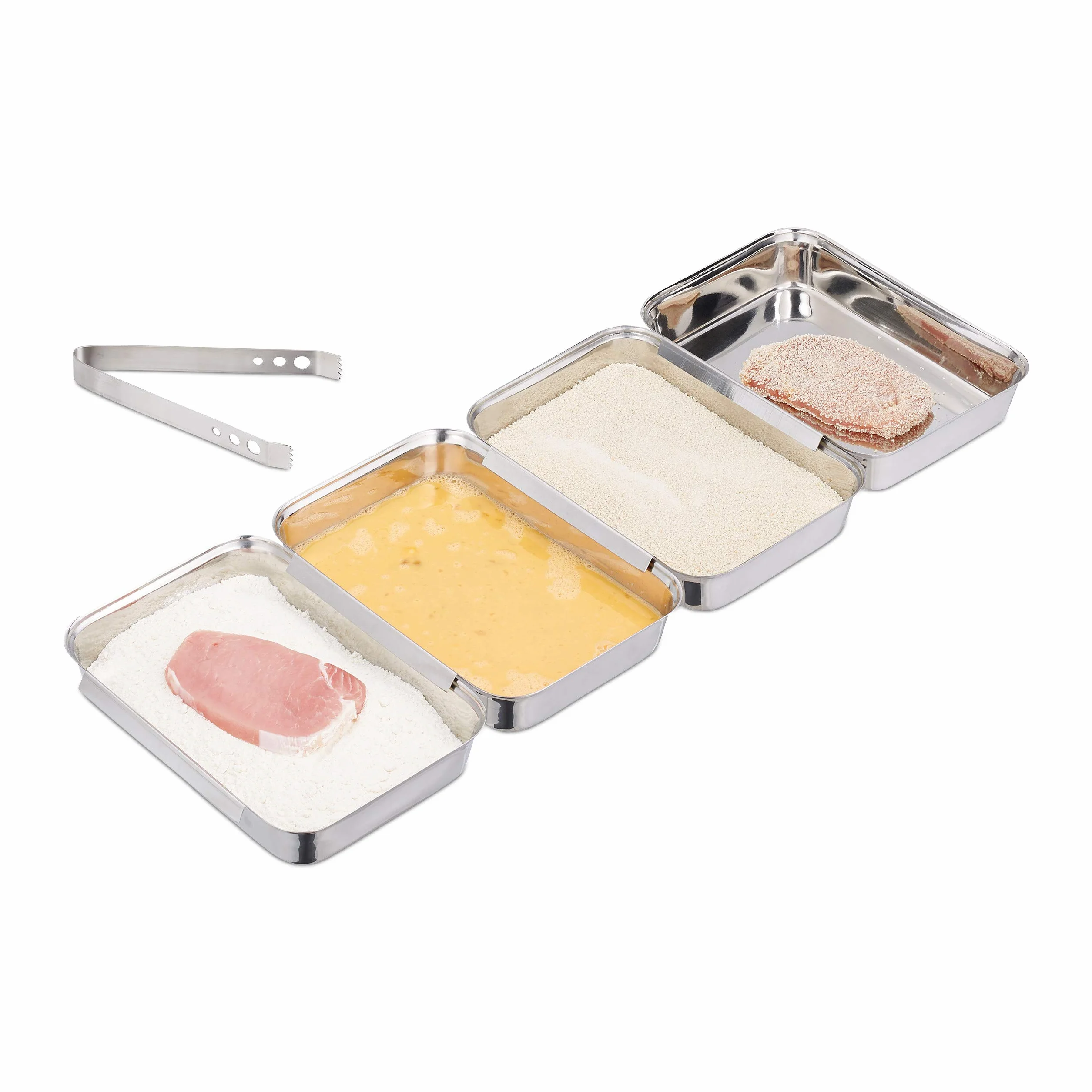 Relaxdays Teglie da Impanatura Acciaio Inox, Set da 4 Tegami per Cotolette, Impilabili, da Lavastoviglie, Argento