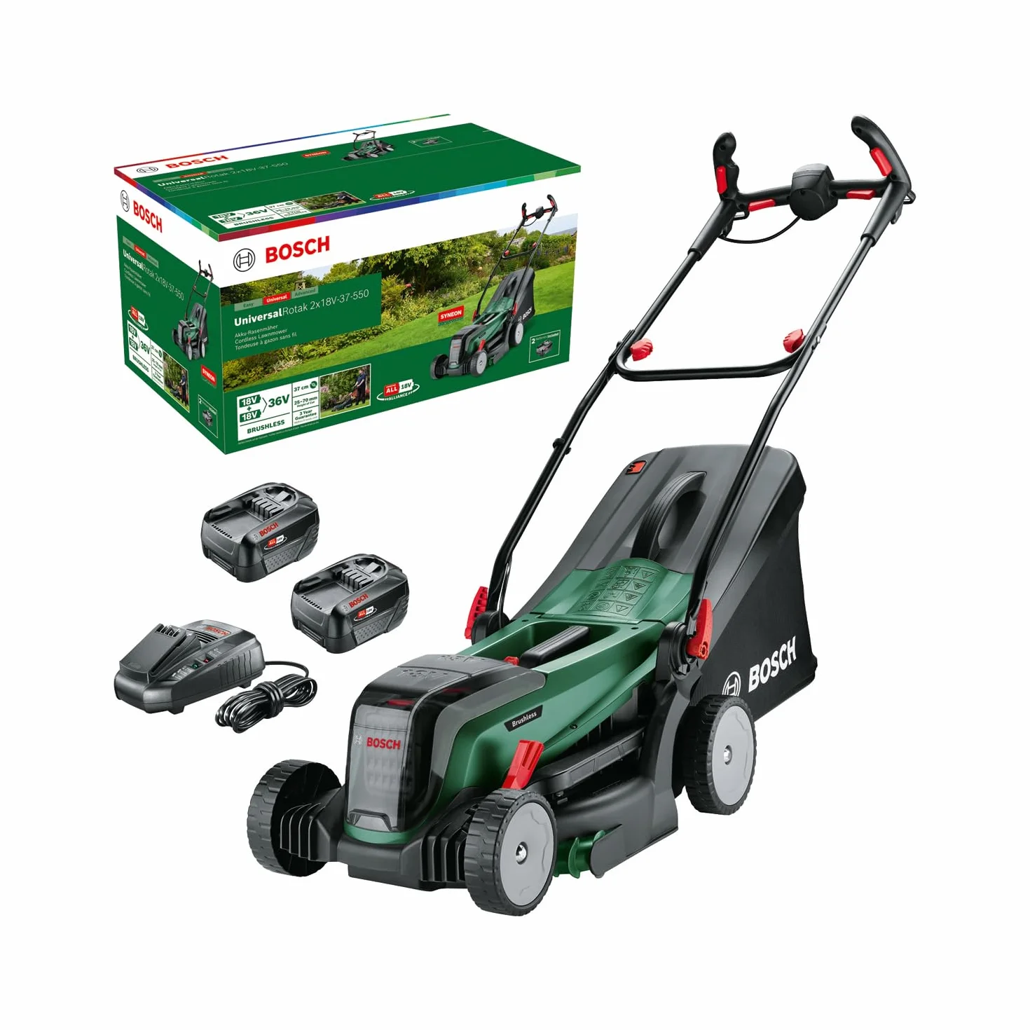 Bosch Tagliaerba/Tosaerba a batteria UniversalRotak 2x18V-37-550 | fino a 500 m2; 18 Volt System; larghezza di taglio: 37 cm; 2 batterie da 18 V 4.0 Ah e caricabatteria