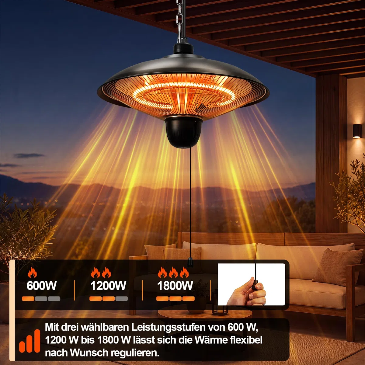 Stufa da esterni da 1800 W, per terrazza, sospesa, colore nero | Stufa elettrica da terrazza sospesa con 3 livelli di potenza, per terrazze, balconi e ambienti esterni coperti