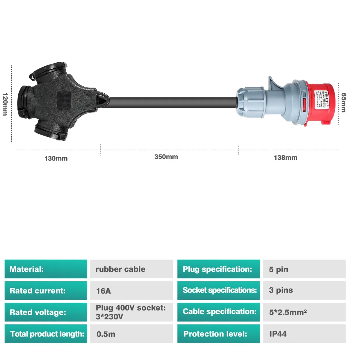 Adattatore CEE 16A 400V maschio a 3 * 230V CEE a Schuko con 5*cavo di alimentazione da 2,5mm² IP44 per la conversione di carica di caravan/yacht, conversione di potenza industriale.