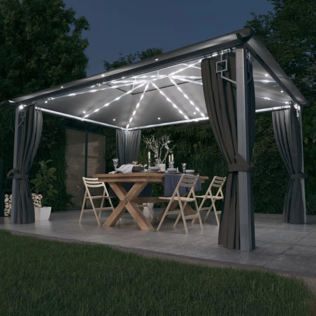 Generico Gazebo con Tende e Luci LED 400x300 cm Antracite in Alluminio,Antracite,45.41kg,3070336