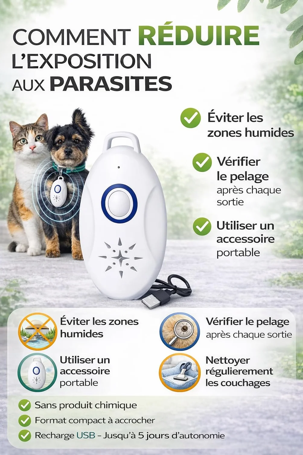 Repellente Anti-parassiti a Ultrasuoni Portatile, Ricaricabile USB, portata 3 m, senza Prodotti Chimici, Protezione da Pulci, Zecche e Zanzare, per Animali Domestici Cani e Gatti, Anti-Zanzare - 1
