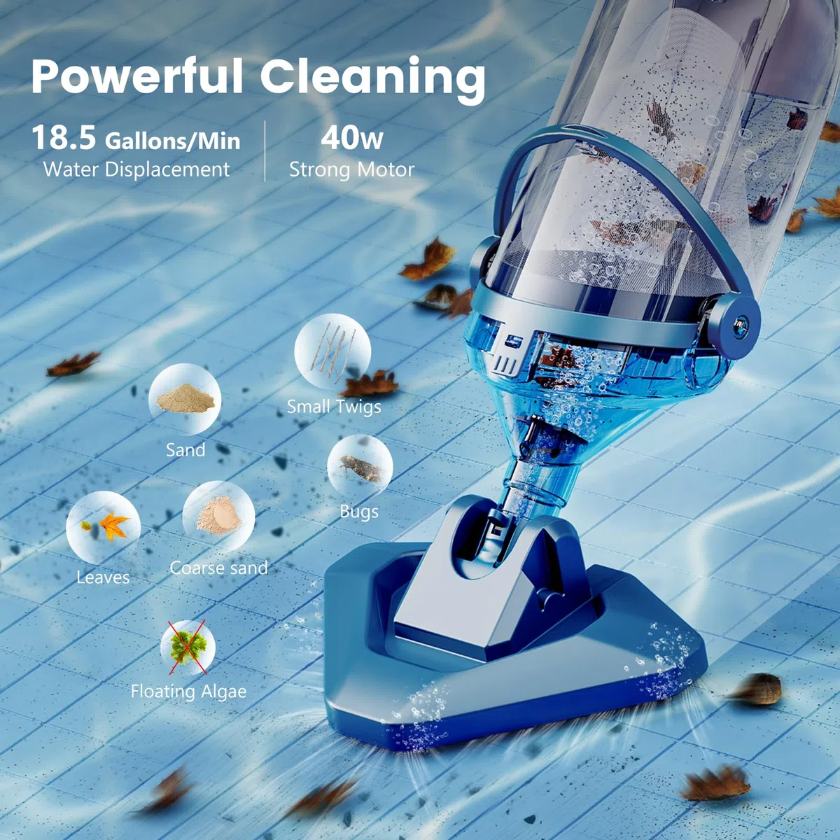 Enhulk Aspirapiscina con Batteria, Aspirapiscina con Autonomia Fino a 60min, Aspirapolvere per Piscina Include Asta Telescopica, Aspirazione 4200L/H, Ideale per Piscine Fuori Terra, SPA e Più, Blu