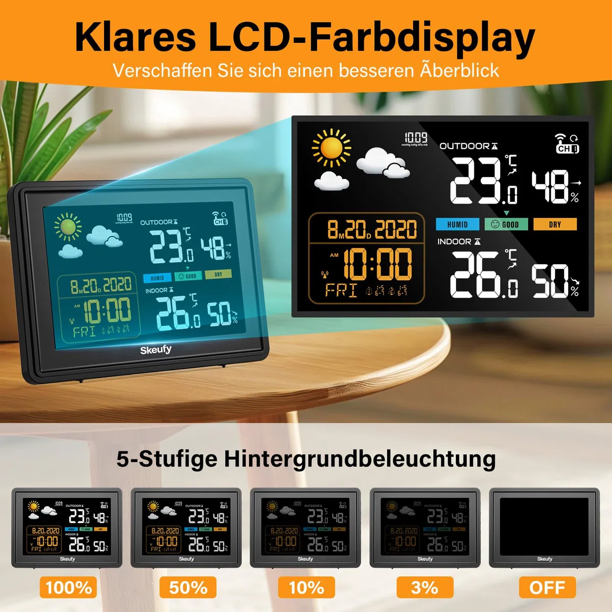 Skeufy Stazione meteo e radio con sensore esterno, temperatura interna ed esterna, umidità, previsioni meteo, barometro, display digitale a colori, orologio radio DCF