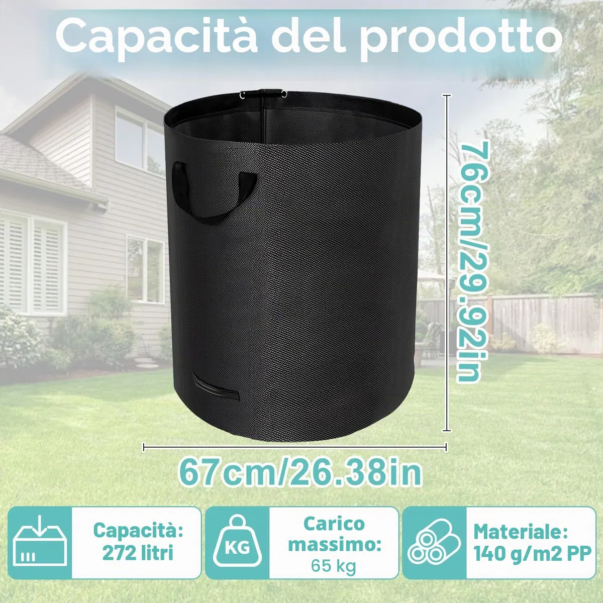 Sacchi per Rifiuti da Giardino Resistenti, 272L x 4Pacchi Sacchi da Giardino Riutilizzabili con Maniglie,incl Guanti, Antistrappo, Idrorepellente, Riutilizzabile, Pieghevole