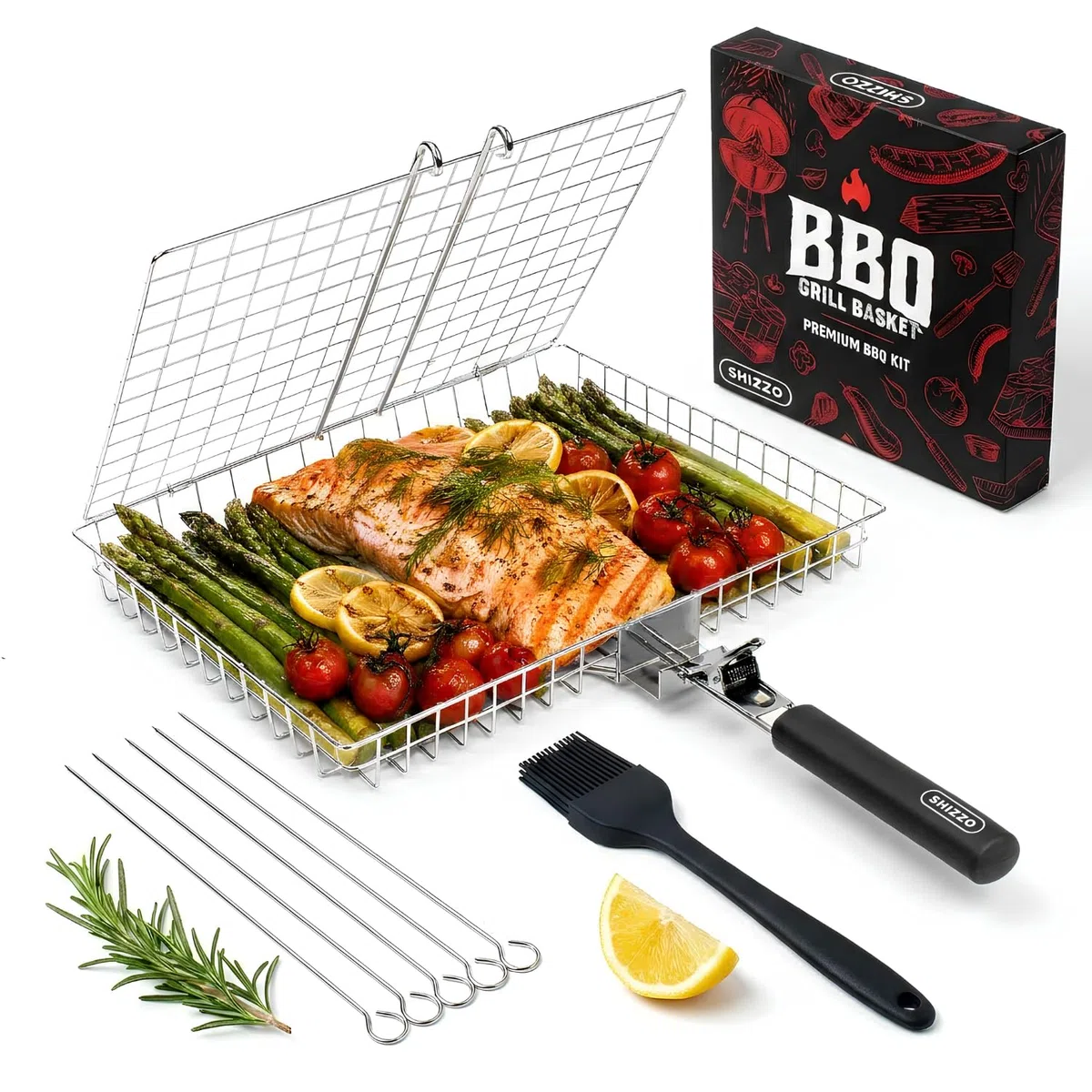 Mr. Barbecue Stainless Steel Folding Grill Basket with Brush and Heat-Resistant Glove - Portable Outdoor Camping BBQ Accessories for Chicken| Meat| Fish| Steak| Vegetables| Kabobs| Chops| Seafood