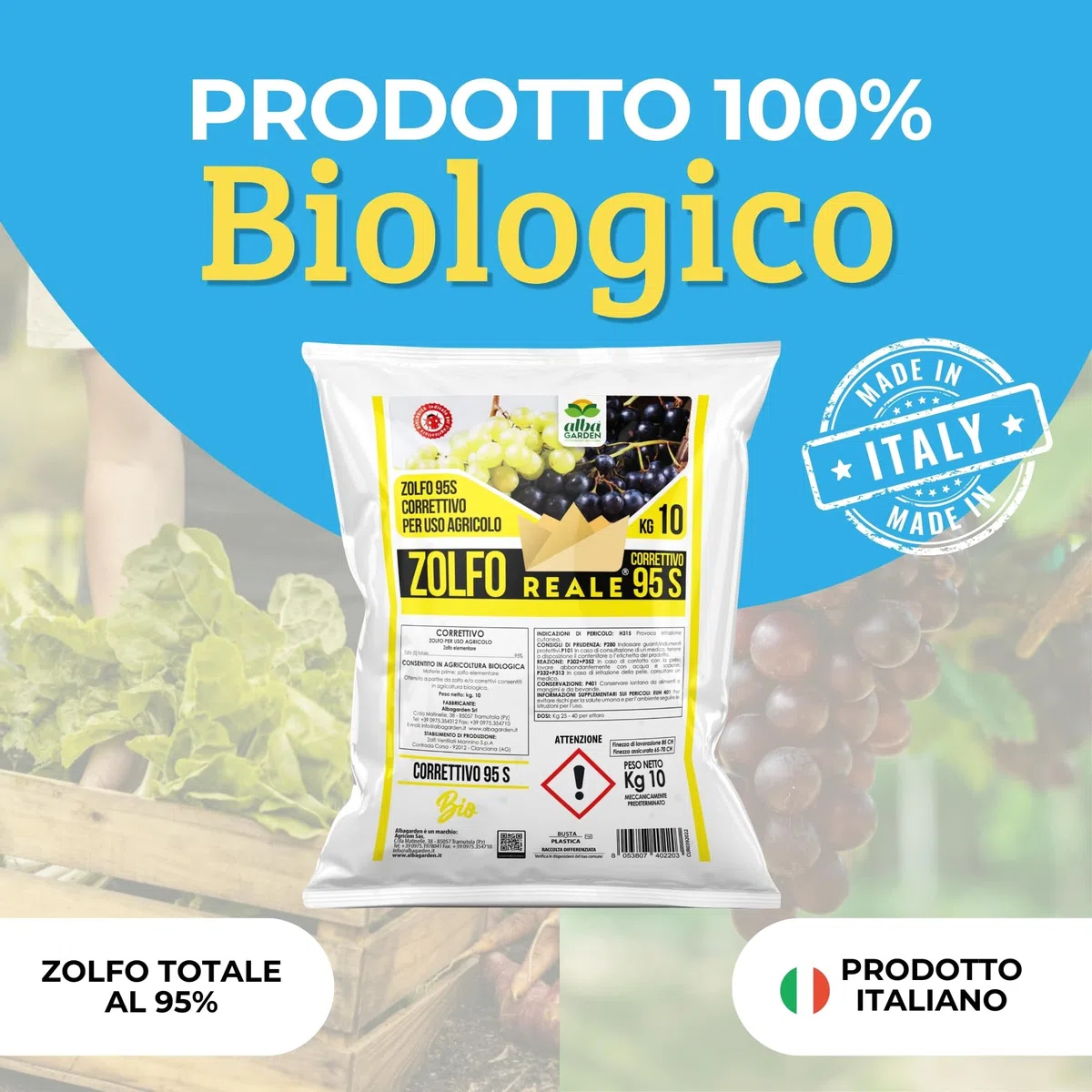 Albagarden - Zolfo in Polvere Correttivo x 10 Kg - Concime Minerale Naturale, Biologico per Vite Olivo Agrumi, Contro Oidio Mal Bianco Peronospora Ticchiolatura