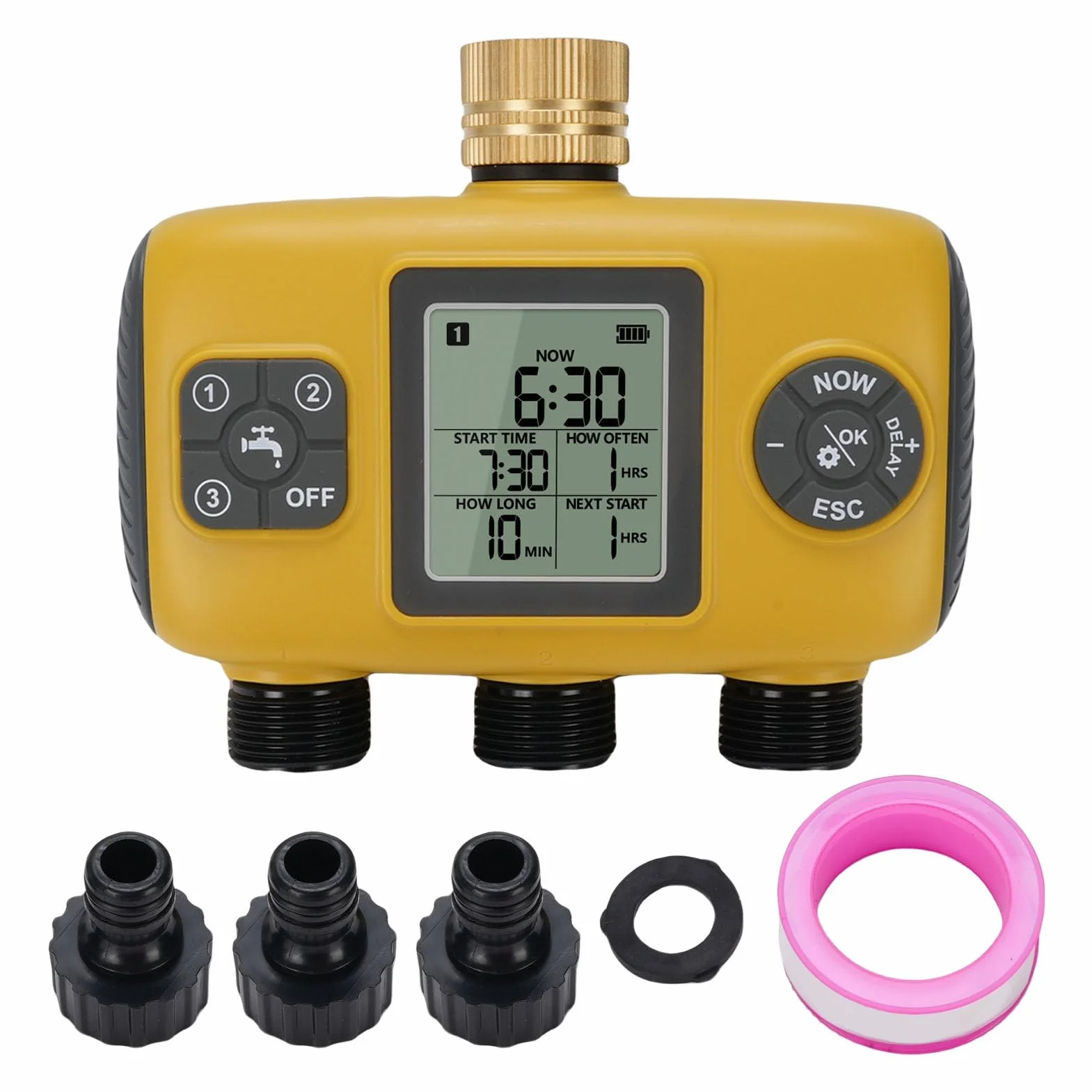Timer per irrigatore a 3 uscite con ingresso in ottone, timer programmabile per tubo con ritardo pioggia e controller manuale di irrigazione automatica per cortile e prato