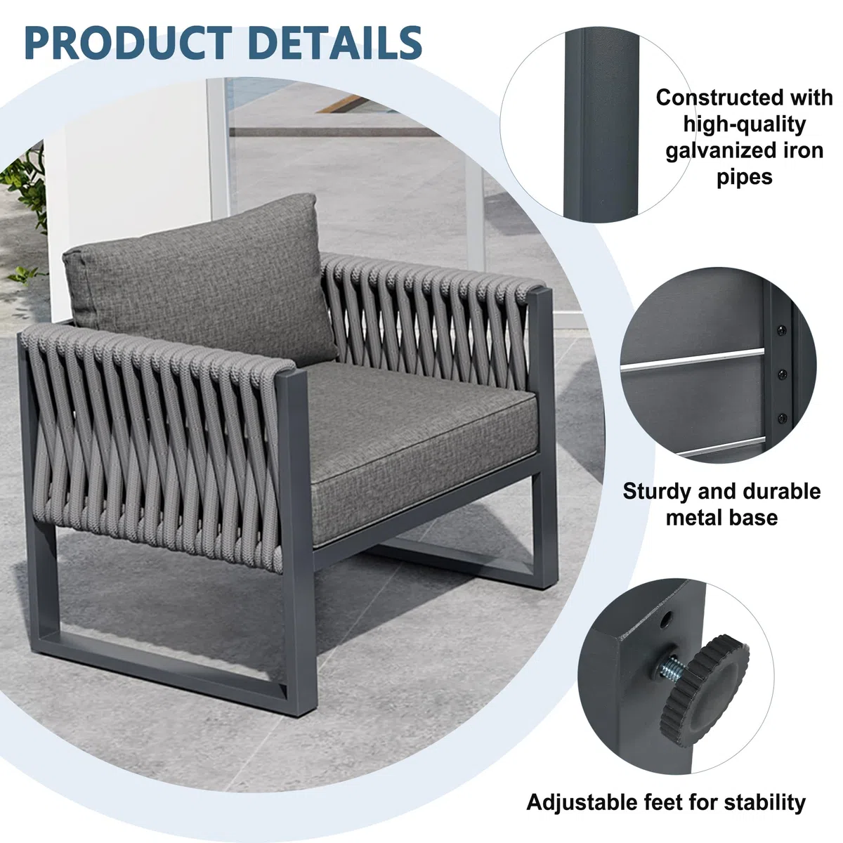 Set di mobili da giardino da esterno a 5 posti, con piedini regolabili, imbottiture e struttura in metallo antiruggine, per balcone, terrazza, grigio