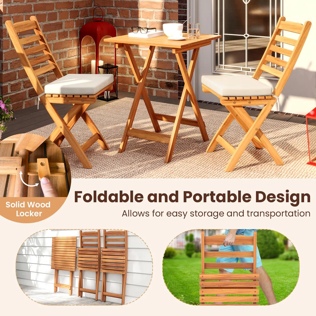GIANTEX Mobili da balcone piccolo balcone, tavolo da bistrot con 2 sedie, set di mobili da giardino in legno pieghevole, set da balcone per esterni, per 2 persone, set da giardino con cuscino