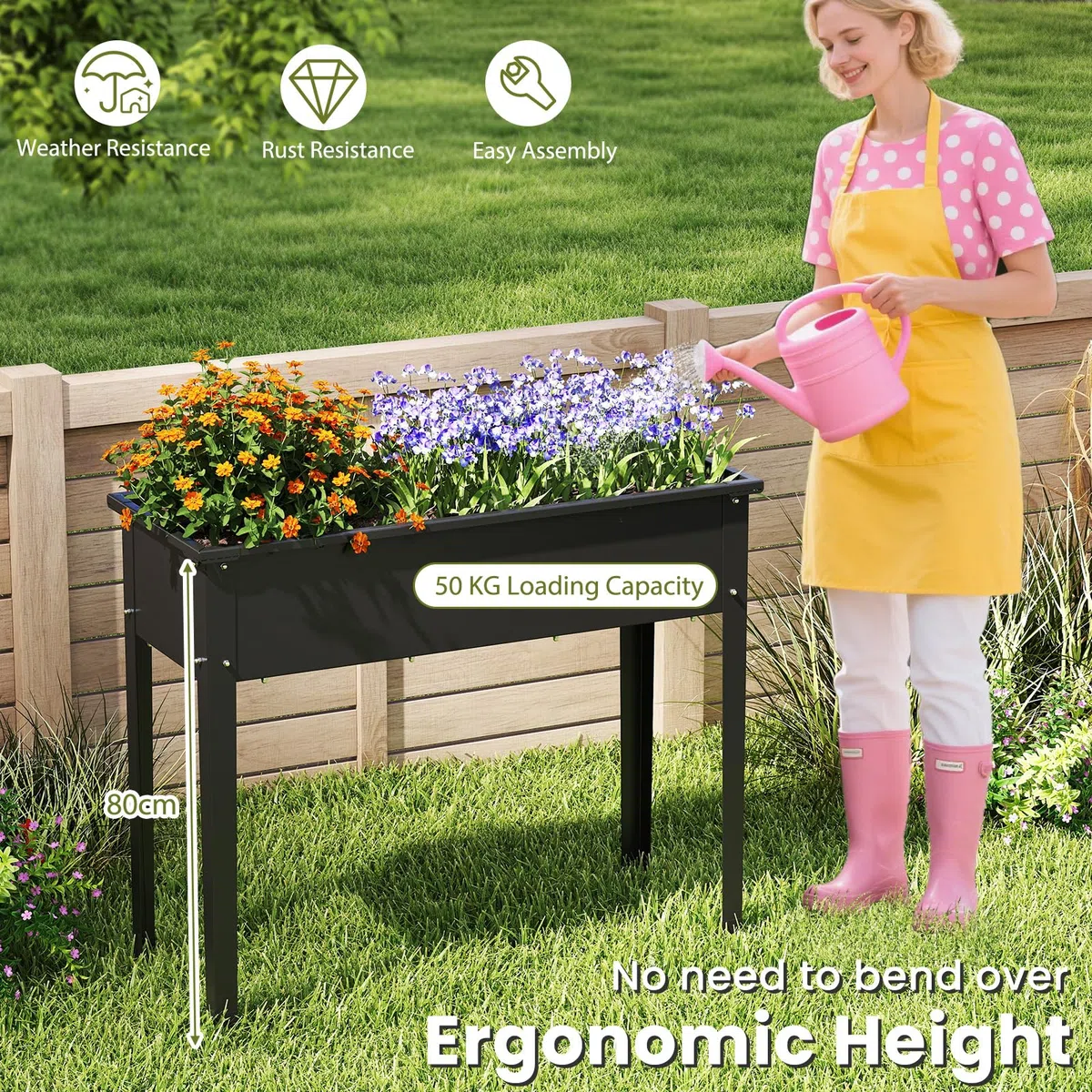 HOMASIS Aiuola Rialzata da Esterno in Ferro, Orto Rialzato Rettangolare per Balcone, Giardino e Terrazza, Fioriera Alta per Piante, Erbe, Fiori (Nero, 100 x 40 x 80 cm)