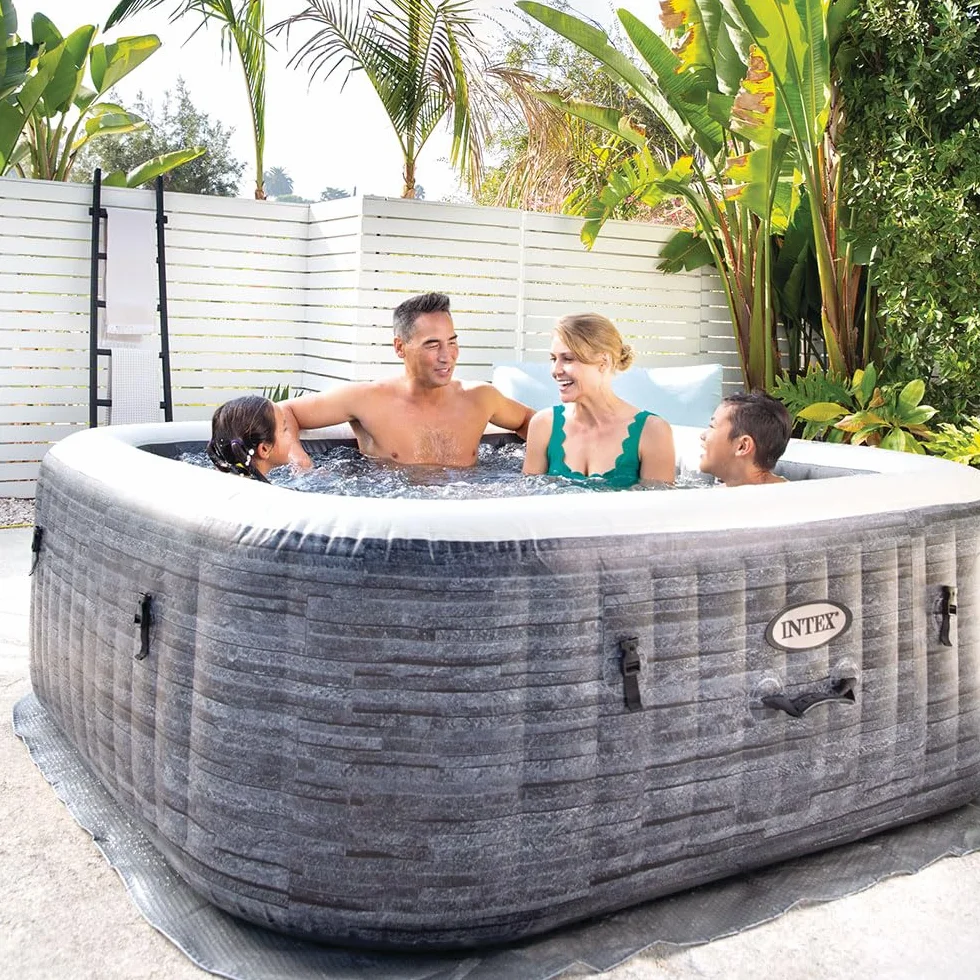 Intex 28452EX - PureSpa Vasca Idromassaggio Greystone Deluxe Quadrata, 6 posti, 170 Getti, Riscaldatore, PVC, Grigio, 195x195x71 cm