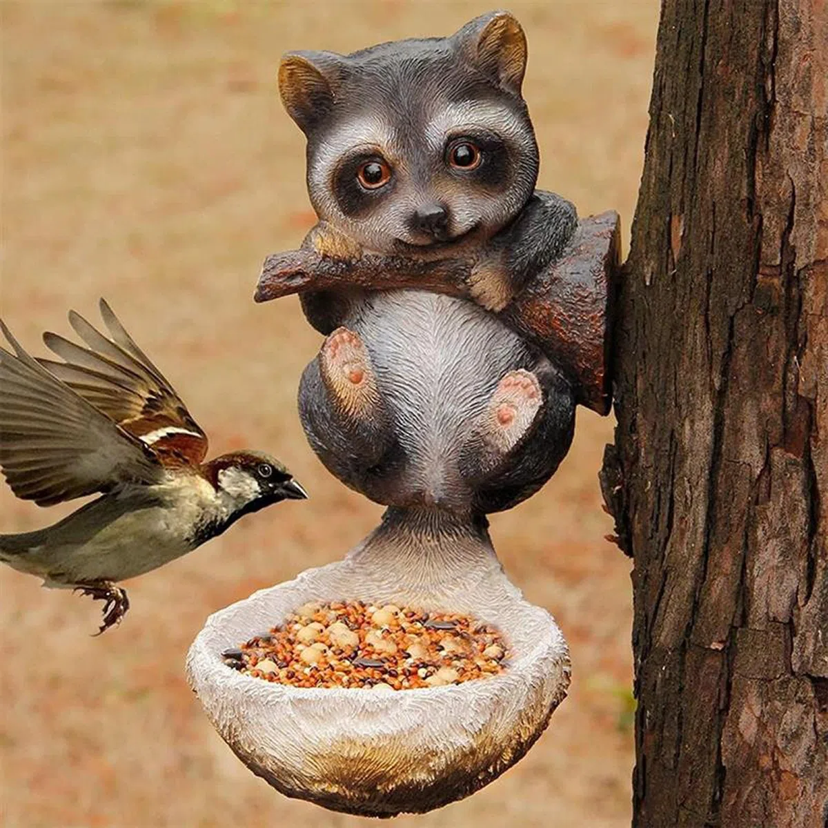 Mangiatoia per Uccelli con Scultura di Animali in Resina, Decorazione per abbracci dell'albero per Stazione di Cibo per Uccelli da Giardino all'aperto