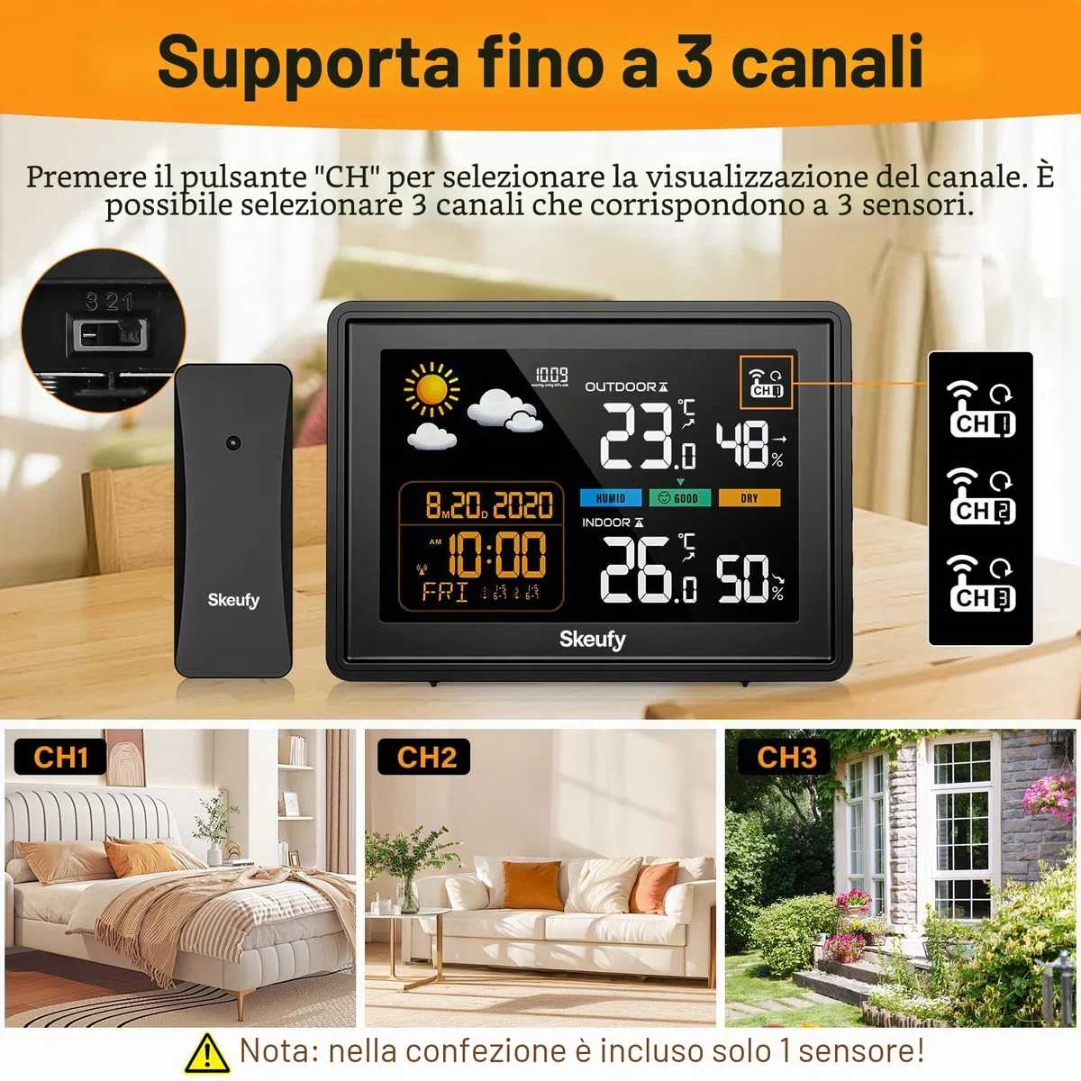 Skeufy Stazione meteo e radio con sensore esterno, temperatura interna ed esterna, umidità, previsioni meteo, barometro, display digitale a colori, orologio radio DCF