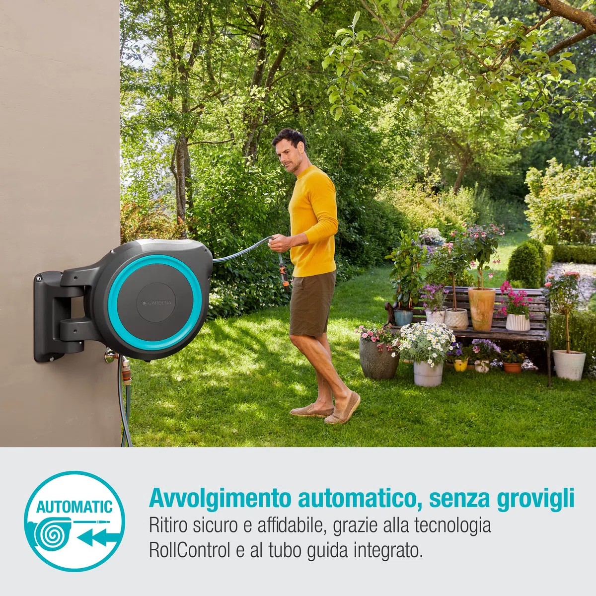 Gardena Avvolgitubo da Parete RollUp M/L: incluso Tubo da Giardino 25 m con Lancia e Raccordi, Avvolgimento Automatico, Ruotabile di 180 gradi, per Giardini Medi, Azzurro (18620-20)