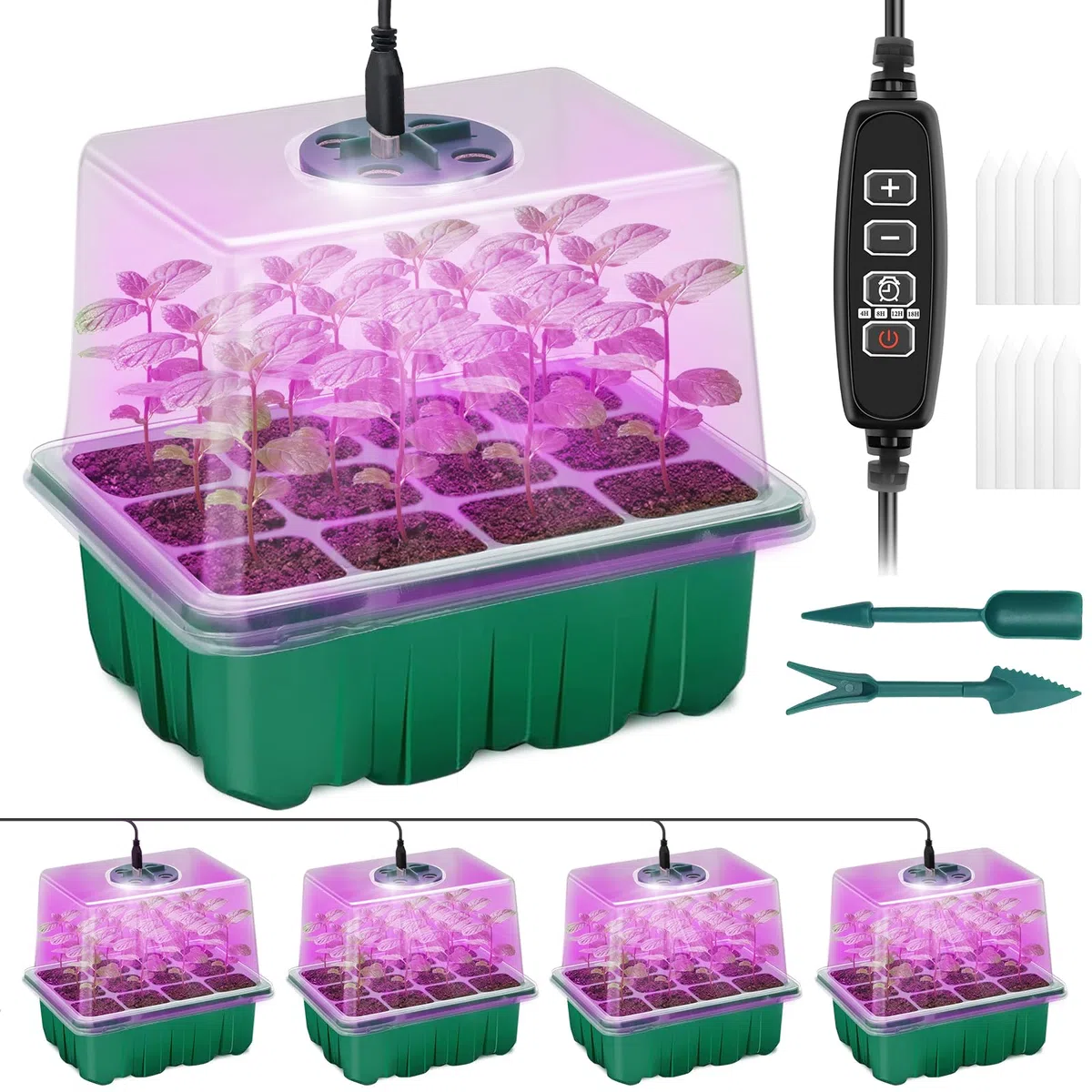 Qoolife Vassoio di avviamento per semi con luce per piante, confezione da 4 luci per la coltivazione di semi, kit di avviamento con cupole di umidità, regolatore di temporizzazione luminosità