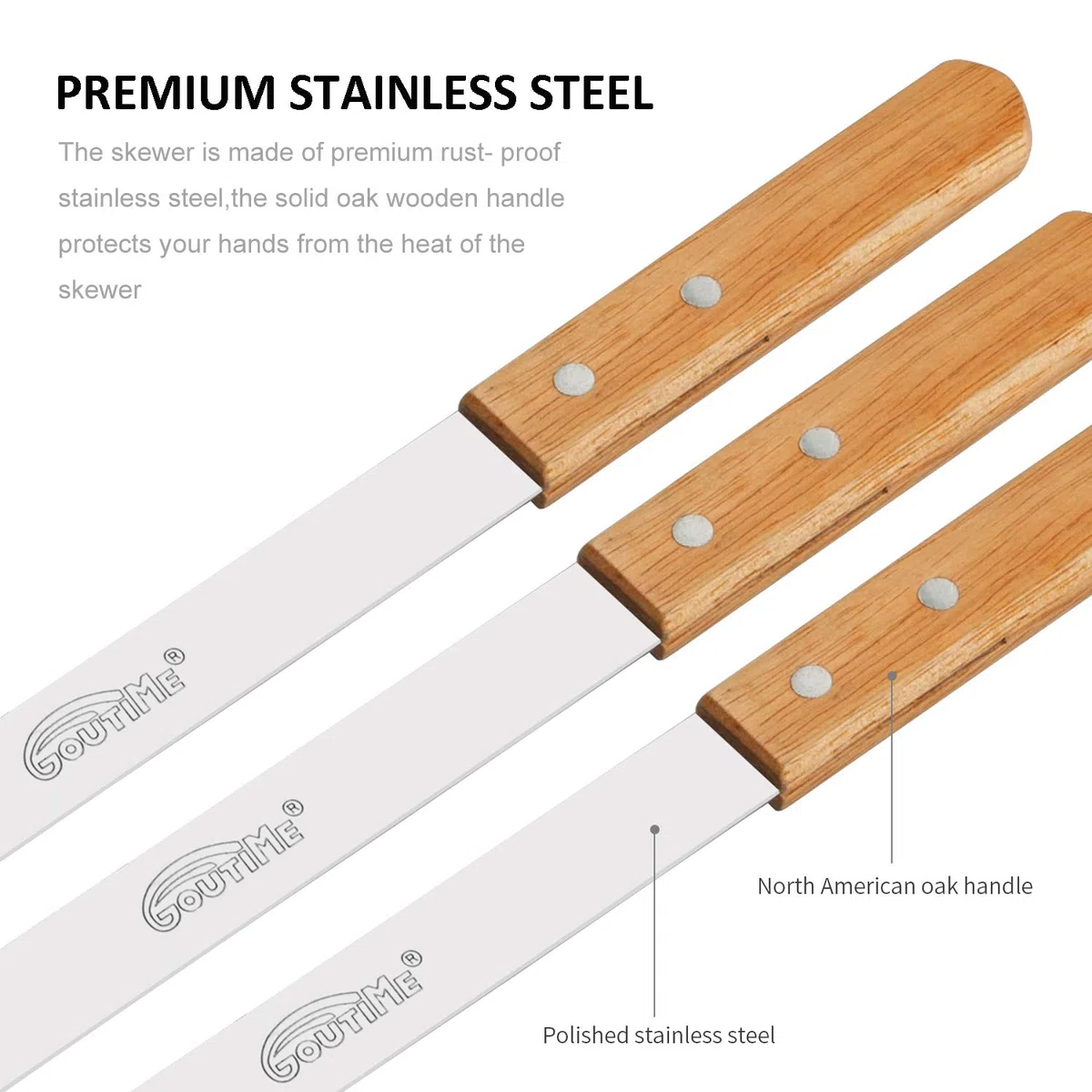 Goutime Spiedini per Kabobs, Shish Kebab Spiedini in legno per grigliate, Spiedini in metallo in acciaio inox per barbecue, 23 pollici di lunghezza 5/8 pollici di larghezza, set di 7 con borsa