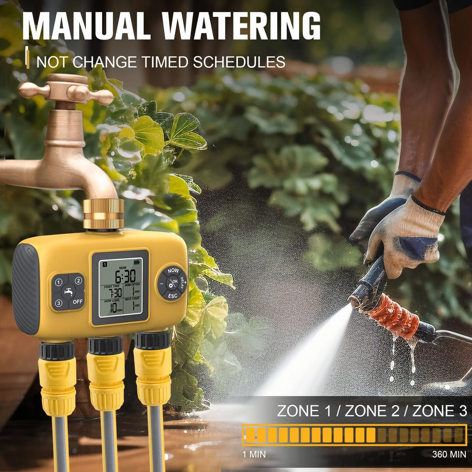 Timer per irrigatore a 3 uscite con ingresso in ottone, timer programmabile per tubo con ritardo pioggia e controller manuale di irrigazione automatica per cortile e prato