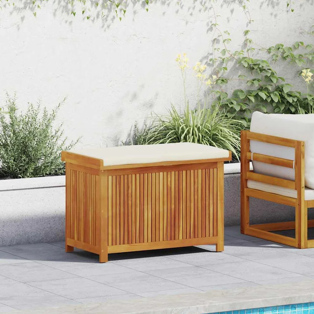 Scatola per cuscini per esterni, 90 x 50 x 60,5 cm, in legno massiccio acacia | Stoccaggio Giardino, Borsa Impermeabile Integrata, Doghe Ventilate, Coperchio Antipolvere