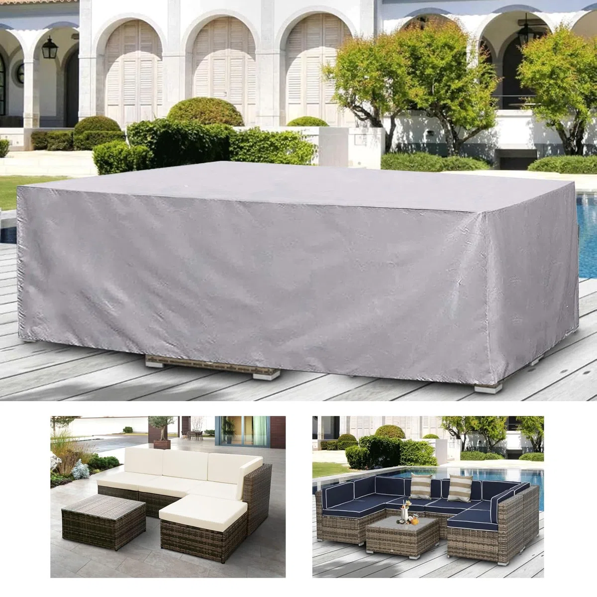 Copertura per Mobili da Giardino Rettangolare, 130x110x75cm/LxPxA 420D Oxford Coperture per Tavoli da Giardino Esterno, Copritavolo Tavolo Impermeabile Anti-UV, per Cortile Tavoli Sedie