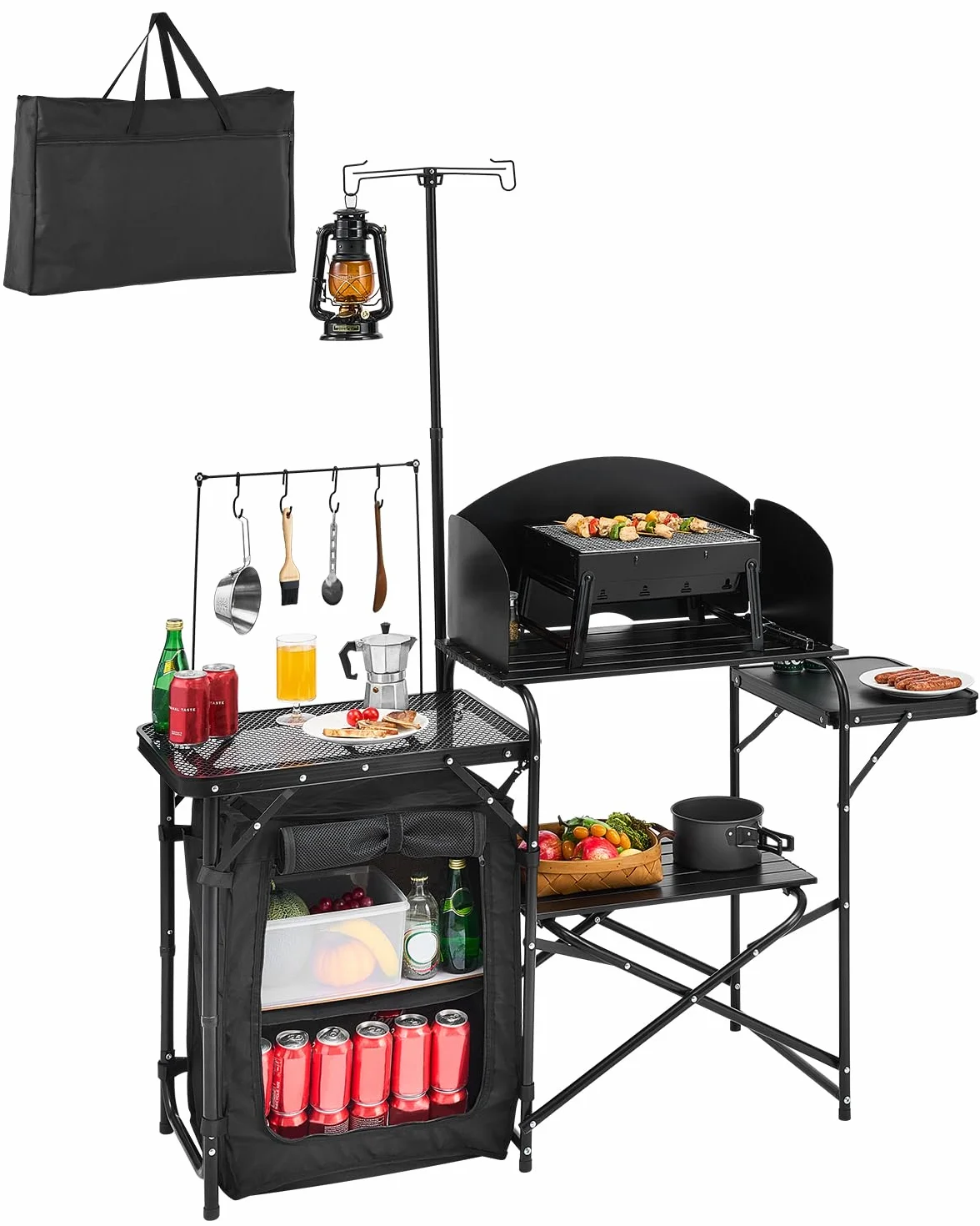 VEVOR Tavolo da Cucina da Campeggio all'Aperto, Stazione di Cottura Portatile in Alluminio con Armadio Portaoggetti, Borsa per Trasporto, Parabrezza Staccabile, per Barbecue, Festa, Picnic, Nero