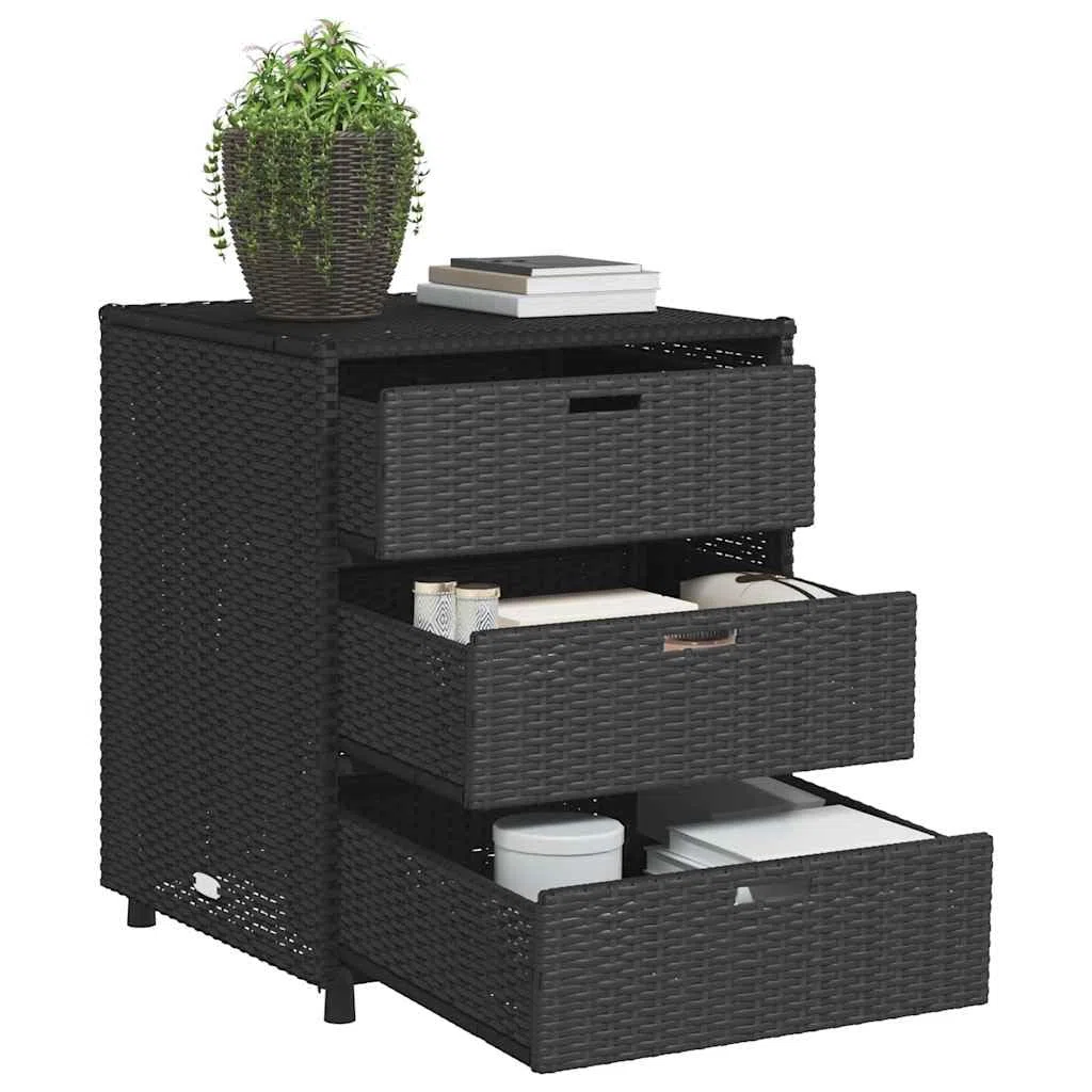 Armadio da giardino nero in polyrattan, 55 x 59 x 69 cm, con 3 cassetti, telaio in acciaio verniciato a polvere, contenitore per esterni, per giardino, piscina, terrazza, impermeabile e