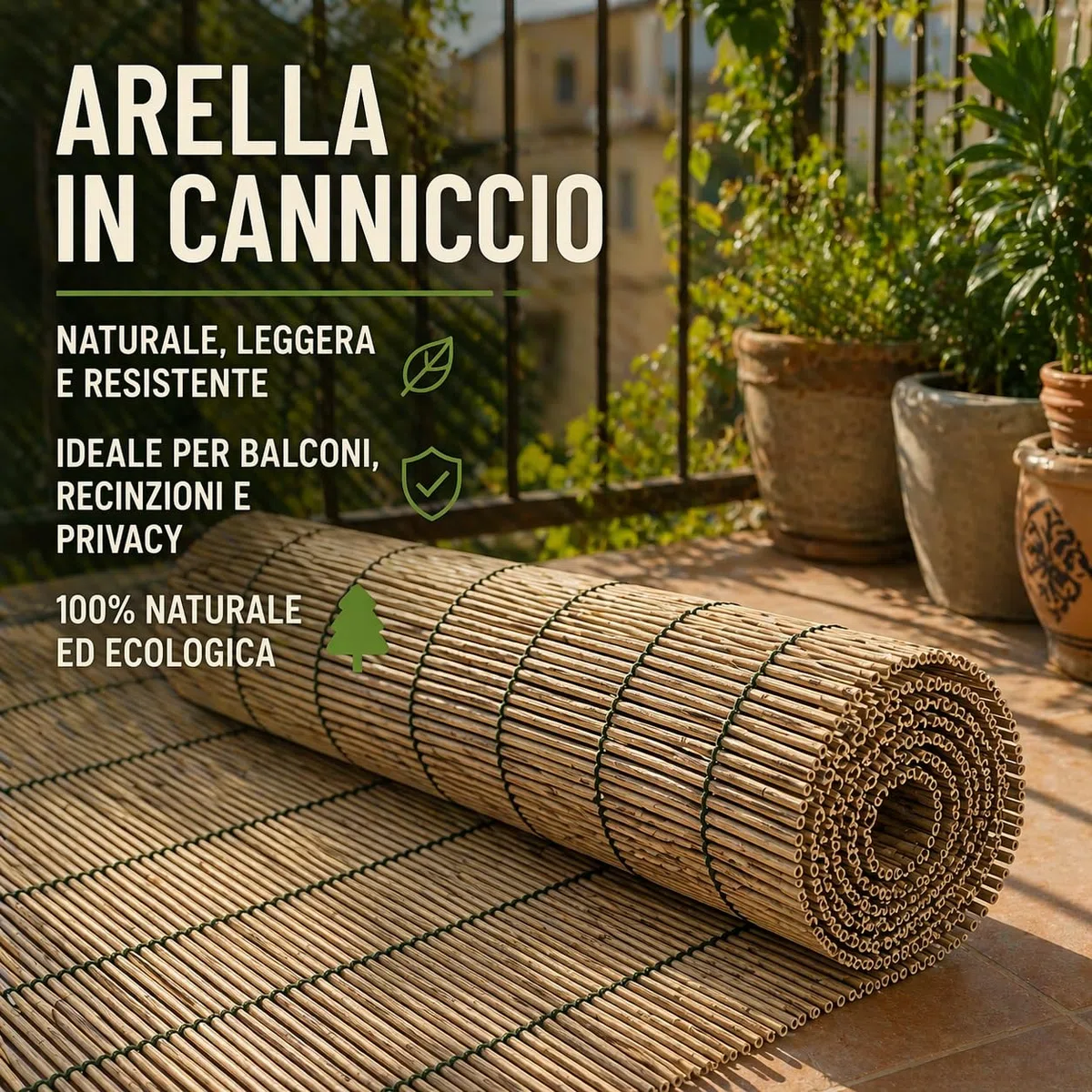 MAKA Arella in Bambù Naturale Frangivista per Esterno 4 mm, Canniccio Ombreggiante per Giardino Terrazzo Balcone, Stuoia in Canna Bambù per Recinzione Decorativa e Privacy (1x3 metri)