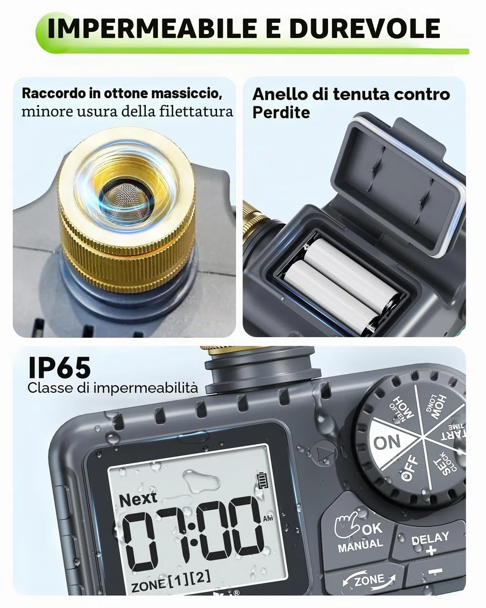RAINPOINT Centralina Irrigazione 2 Vie, Ingresso e Uscita in Ottone, Timer Irrigazione Automatica Impermeabile IP65 con Ritardo per Pioggia/Bewässerung Manuale, per Prato e Giardino