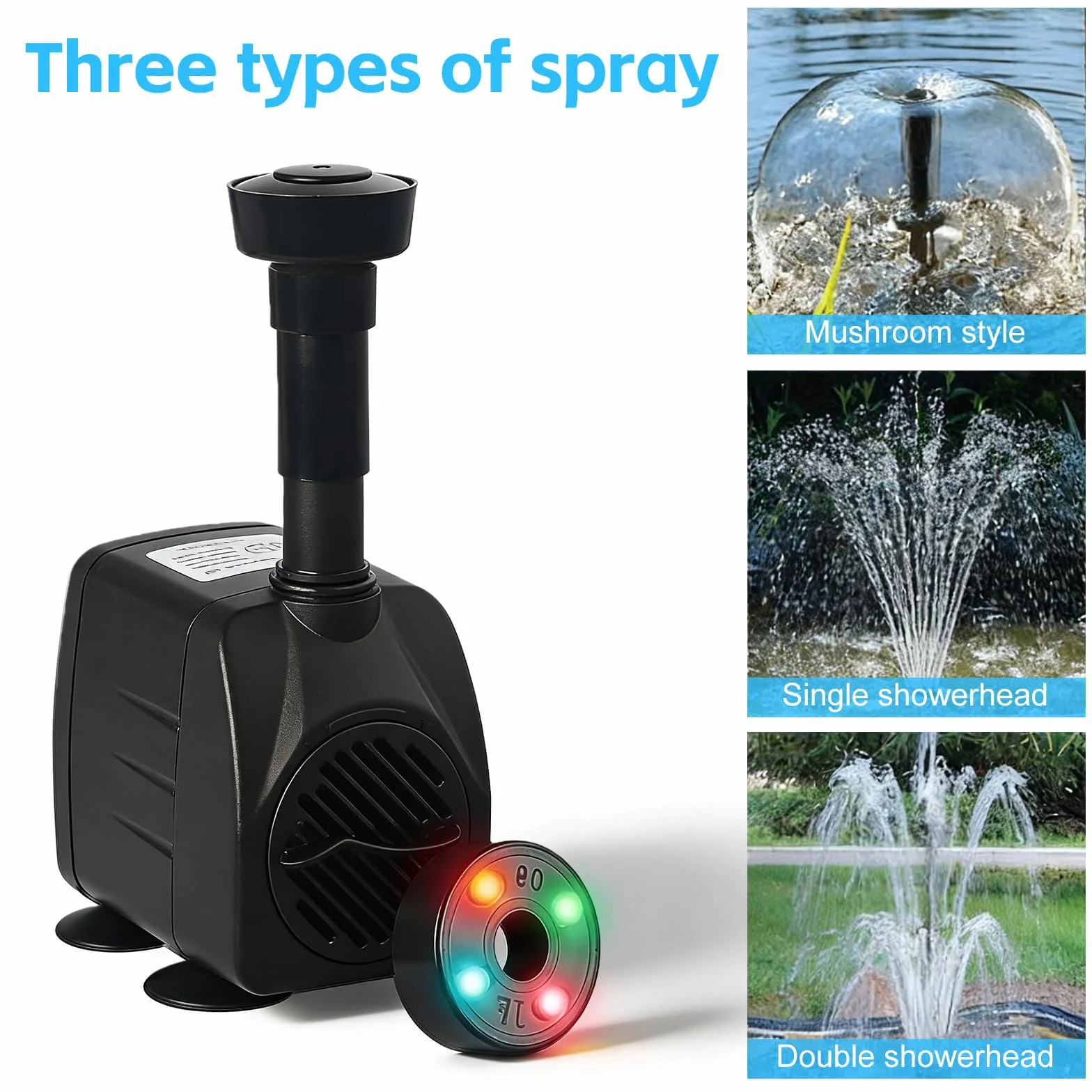 Pompa per fontana, 600 l/h, 15 W, per esterni, 220 V, 3 in 1, con 4 LED, pompa da giardino, fontana, pompa per giochi d'acqua, pompa per ruscello, fontana per giardino, stagno, fontana