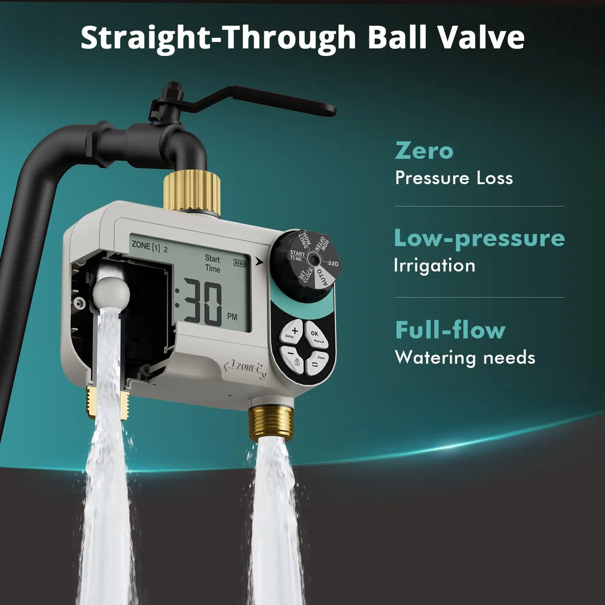 QUOBAS Timer per irrigazione a pressione zero con blocco bambini, timer programmabile per tubo da giardino con porte in ottone, sistema di irrigazione manuale o automatico, 2 zone di irrigazione per