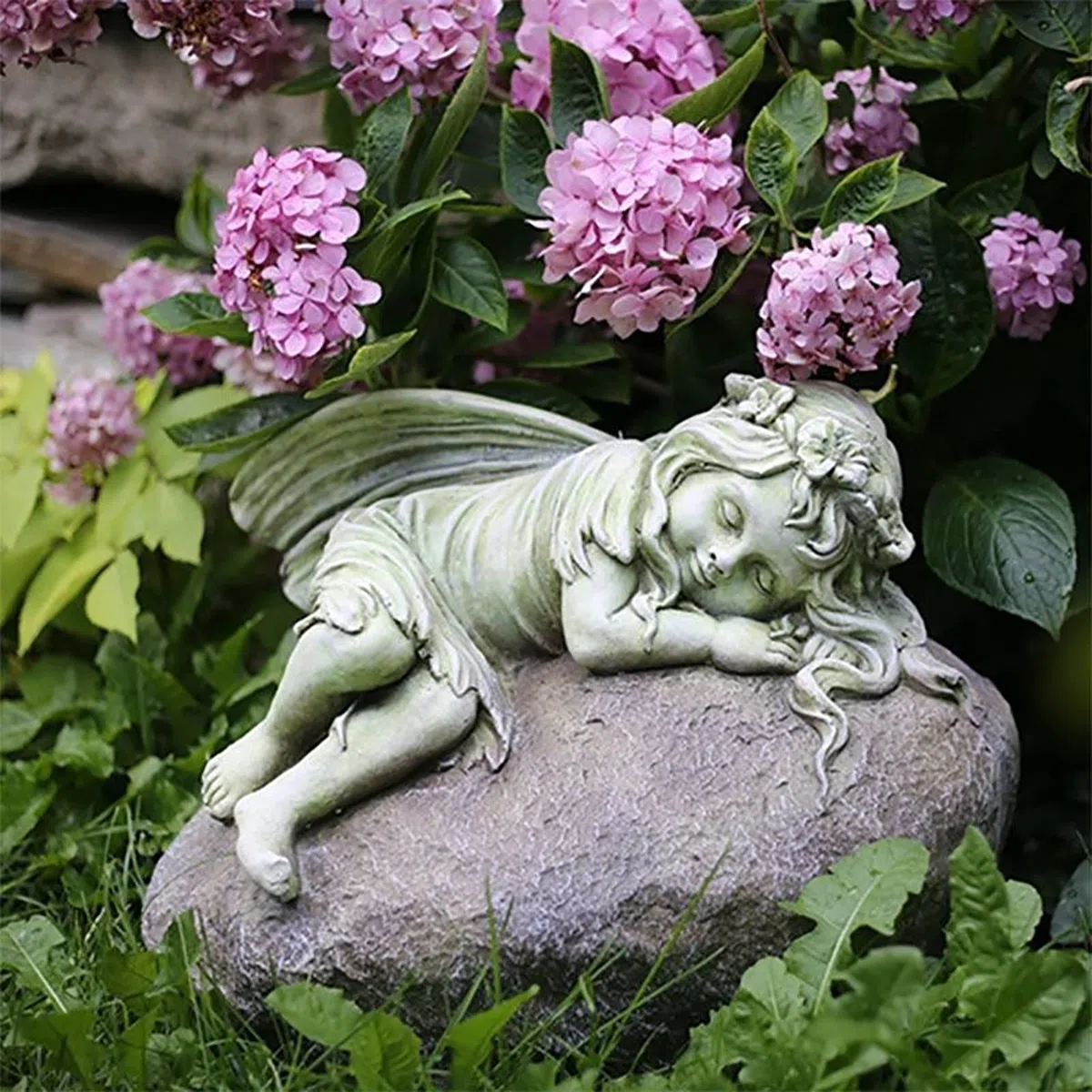 Ornamento da giardino Statua del giardino d'angelo addormentato - Ossido di magnesio cherubino che dorme su figura di pietra decorazione da giardino esterno interno