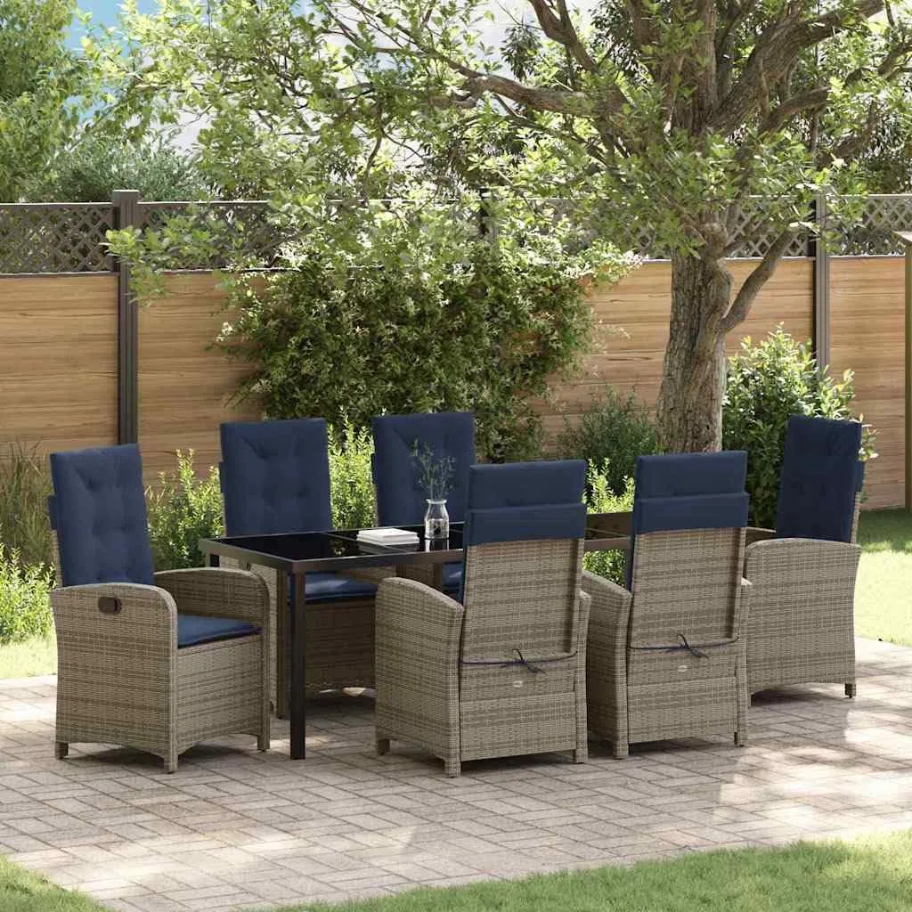 vidaXL Set da Pranzo per Giardino con Cuscino 7 PCS Grigio polyrattan, Set da Pranzo all'aperto, arredo in Rattan Moderno, Resistente agli Agenti atmosferici, posti Regolabili per Giardini e terrazze