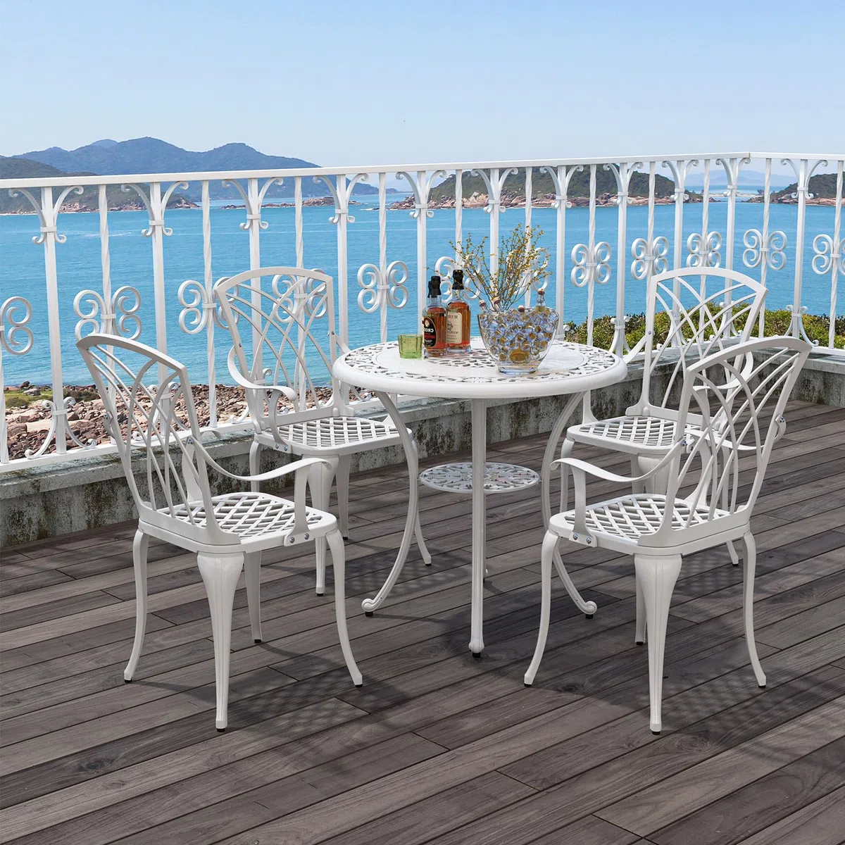 GIANTEX Soggiorno da giardino esterno, tavolo da giardino con sedia in ghisa di alluminio, tavolo da bistrot 5 pezzi per 4 persone, foro dell'ombrellone Dia.5 cm, tavolo rotondo per terrazza, balcone