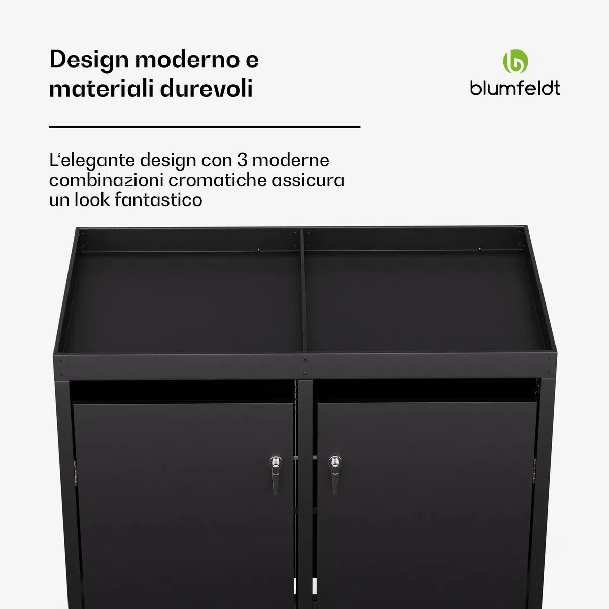 Blumfeldt BinSafe - Copri Bidone della Spazzatura –Acciaio Zincato Resistente, 2 Sportelli & Tetto a Fioriera, Adatto a Bidoni 60L/120L/240L, Serratura a Chiave, Design Moderno, Copribidone da Esterno