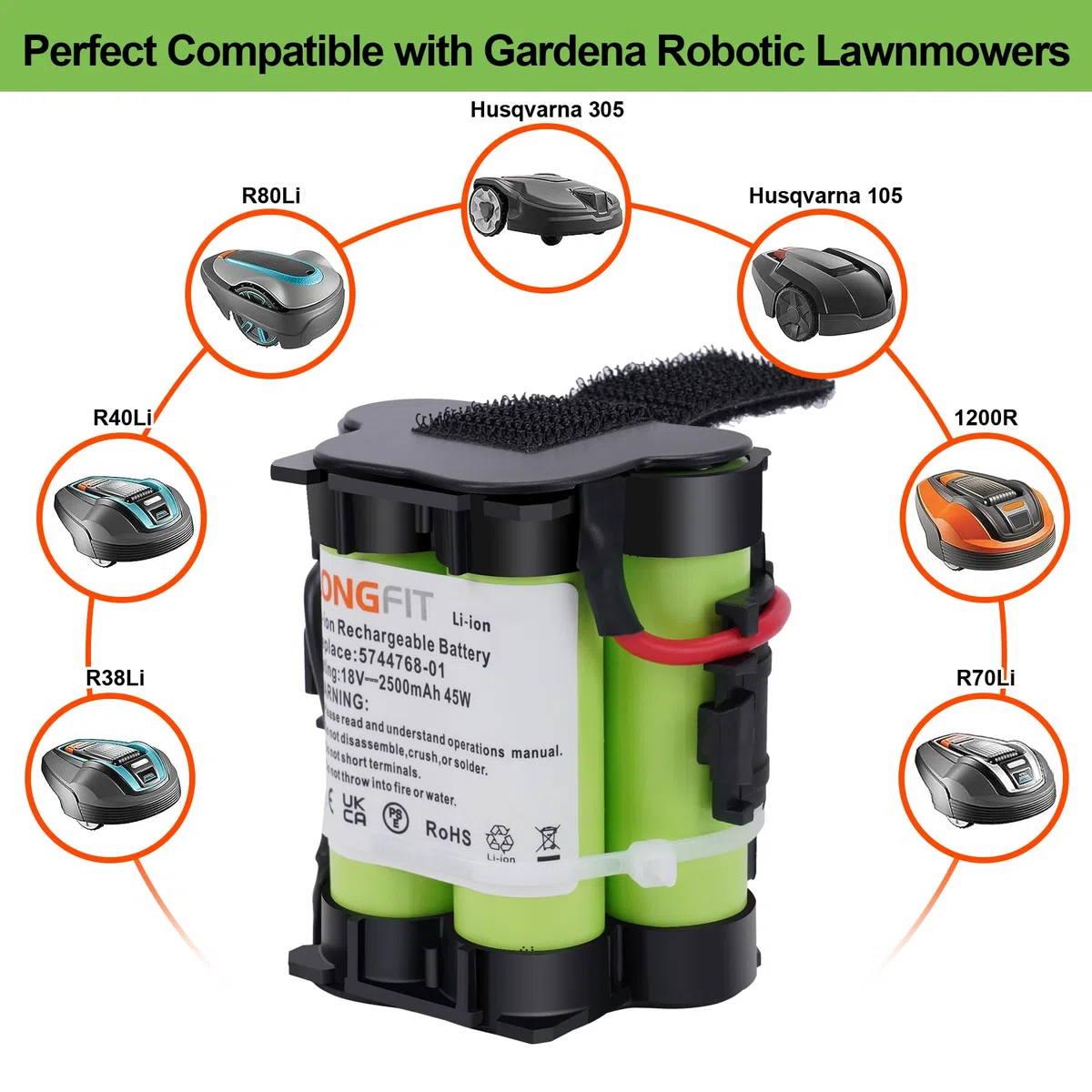 Batteria di Ricambio 18V 2,5Ah Compatibile con il Tosaerba Robotizzato Gardena R38Li, R40Li, R45Li, R50Li, R70Li, R75Li, Automower 105 305 308 308X, Flymo 1200R, McCulloch ROB R600 R800