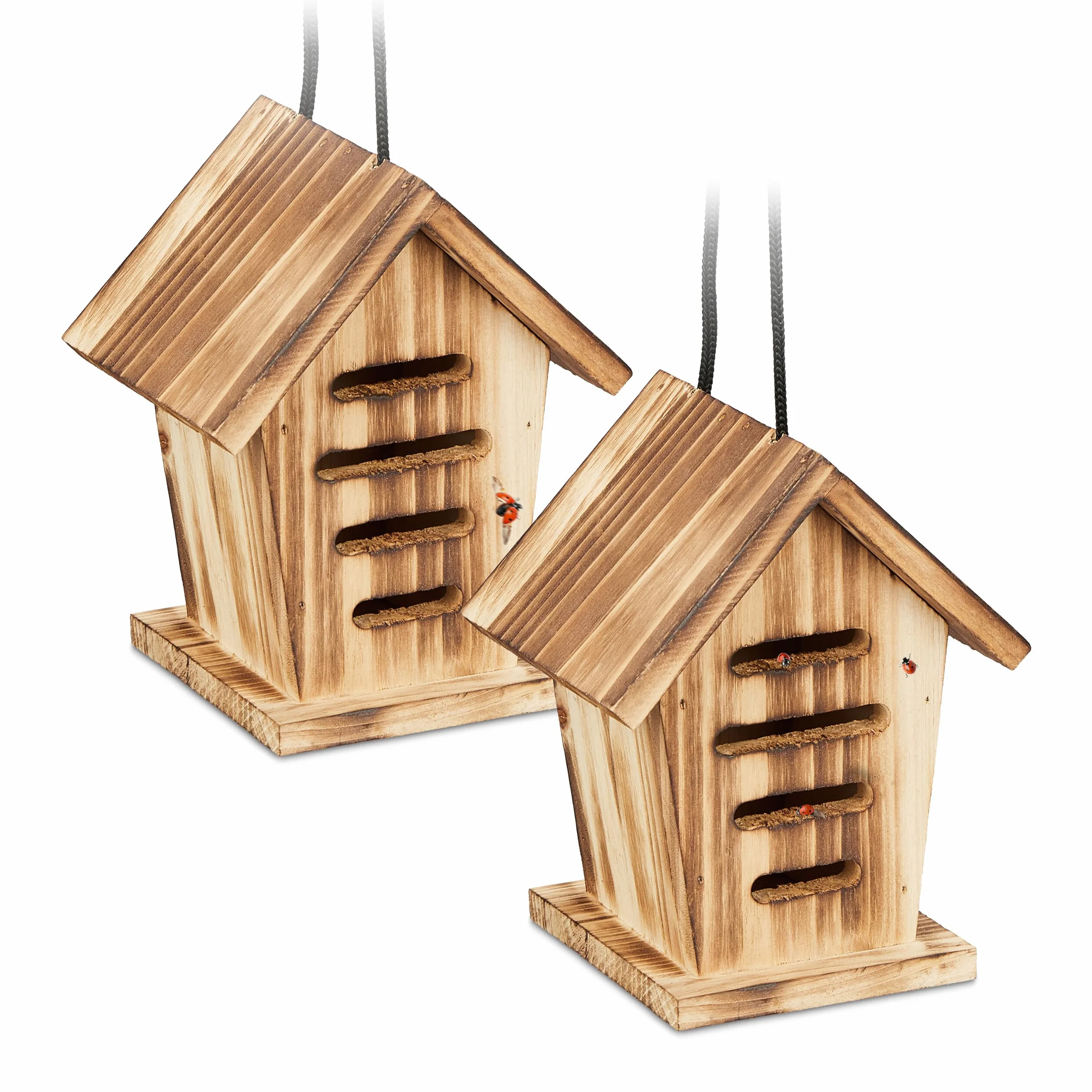 Relaxdays Casetta per Coccinelle, Set da 2 Case in Legno Fiammato da Appendere in Giardino, Hotel per Insetti, Marrone