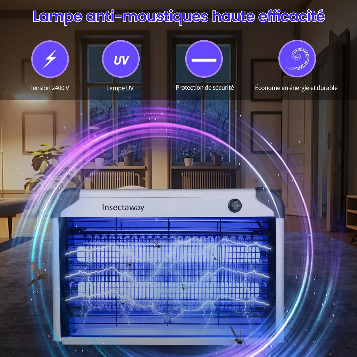 Lampada antizanzare elettrica da 20 W, lampada UV, con raggio di azione di 50-80 m², trappola per mosche e insetti, efficace per interni, casa, cucina, ufficio