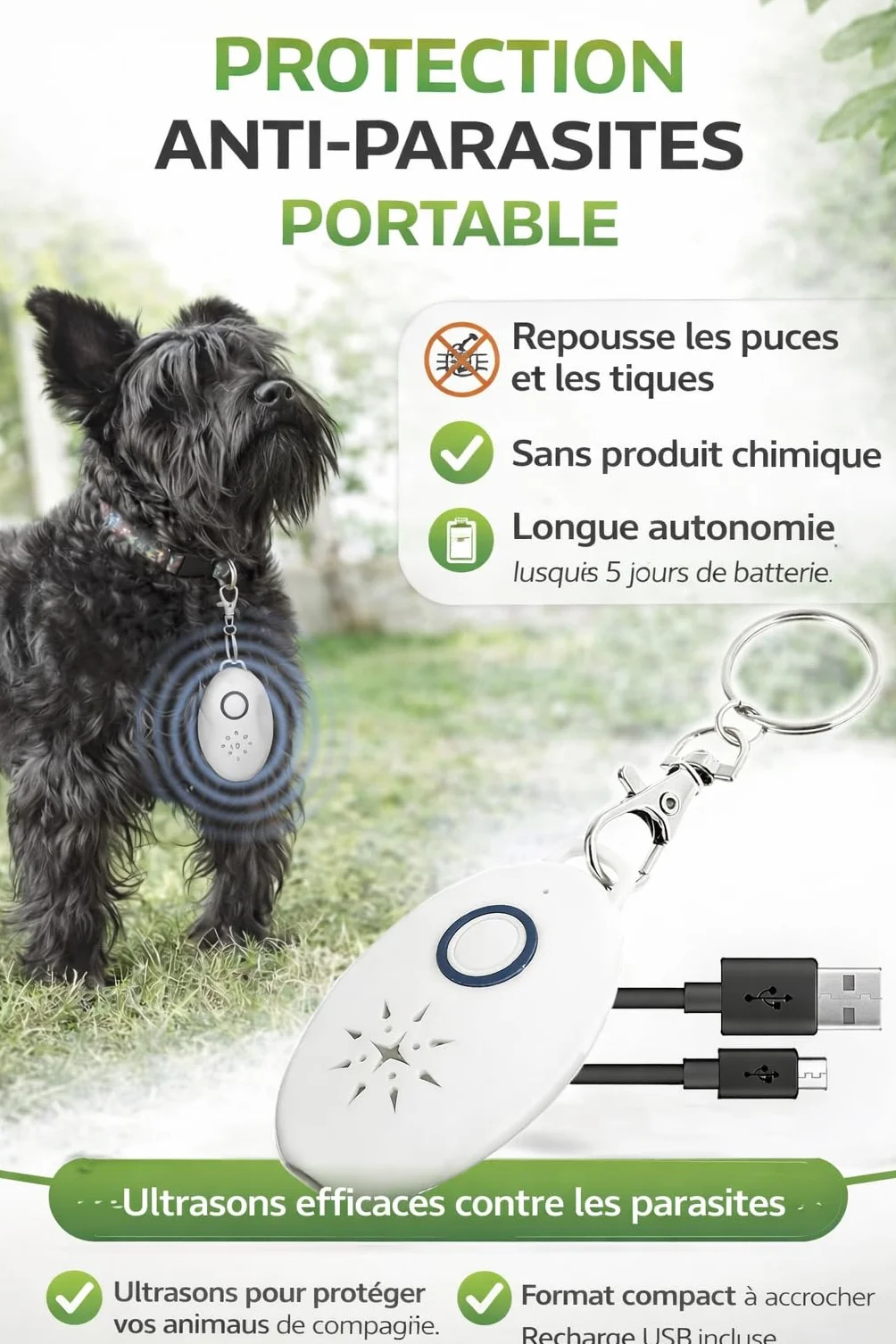 Repellente Anti-parassiti a Ultrasuoni Portatile, Ricaricabile USB, portata 3 m, senza Prodotti Chimici, Protezione da Pulci, Zecche e Zanzare, per Animali Domestici Cani e Gatti, Anti-Zanzare - 1