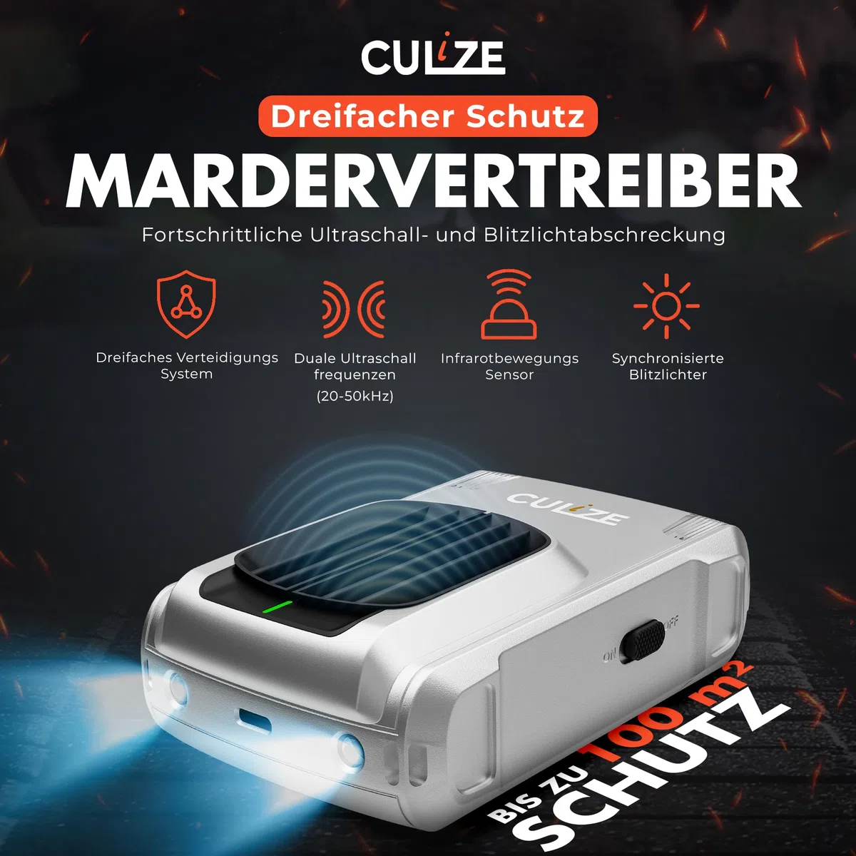 Dissuasore per martore 3 in 1 con ultrasuoni e effetto anti-abitudine per circa 100 m². Repellente per martore con sensore a infrarossi e protezione tripla. Protezione per martore per auto