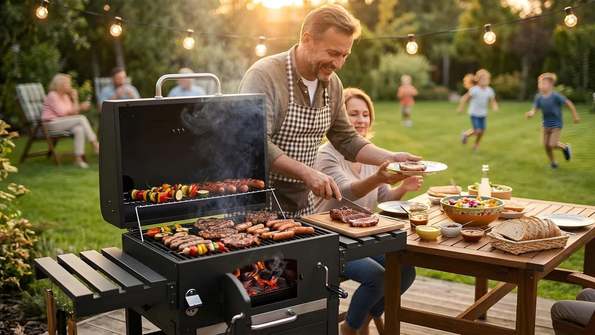 Berdsen BBQChef - Barbecue a carbonella con camino e griglia in ghisa, 41,5 x 57 cm, vassoio per carbone regolabile in altezza, termometro, ripiani laterali pieghevoli, mobiletto inferiore, griglia su