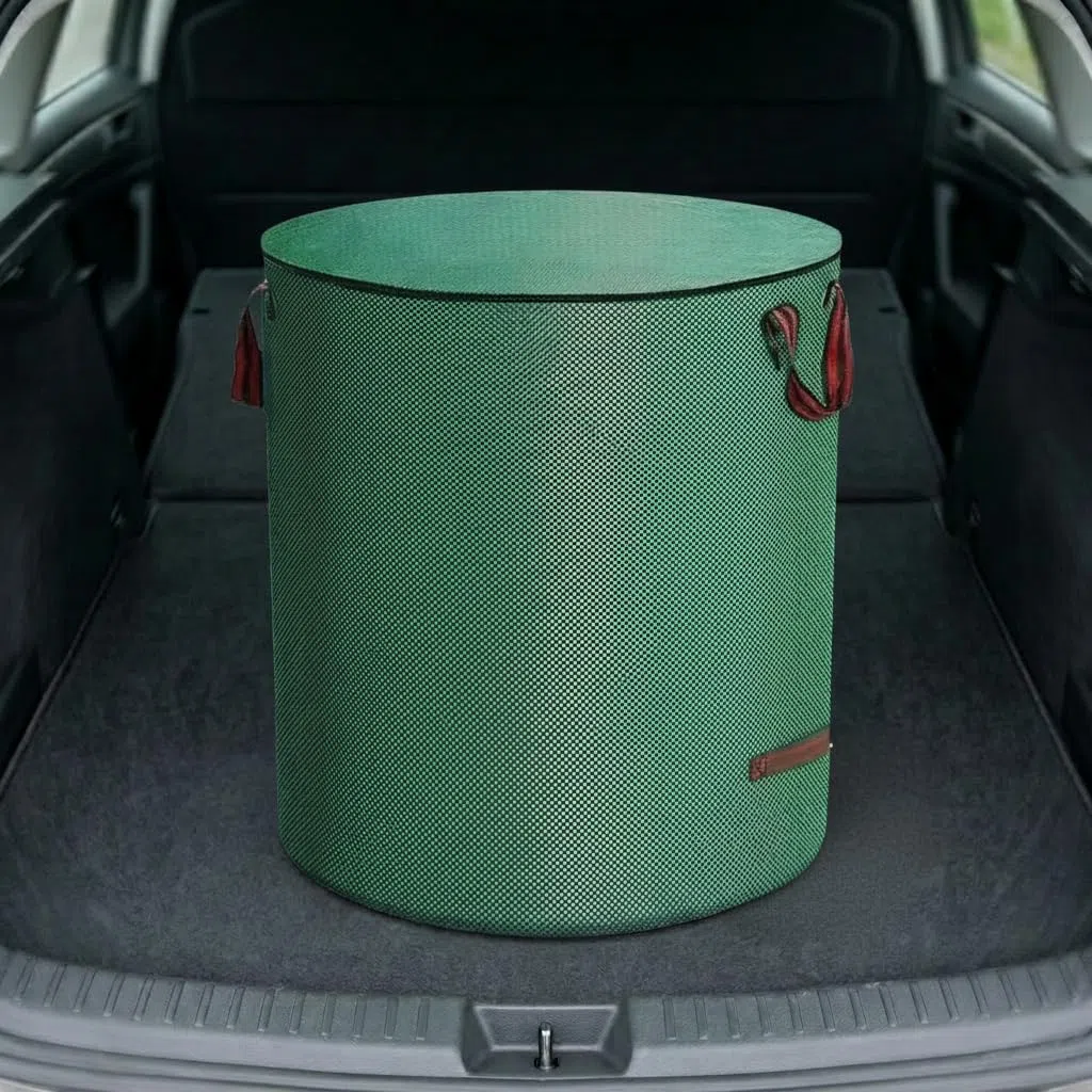 Sacco per rifiuti da giardino, 120 l, con coperchio, set da 2 pezzi, impermeabile, in tessuto PP, pieghevole e riutilizzabile, con manici e passanti per terreno, ideale per erba, foglie, taglio verde