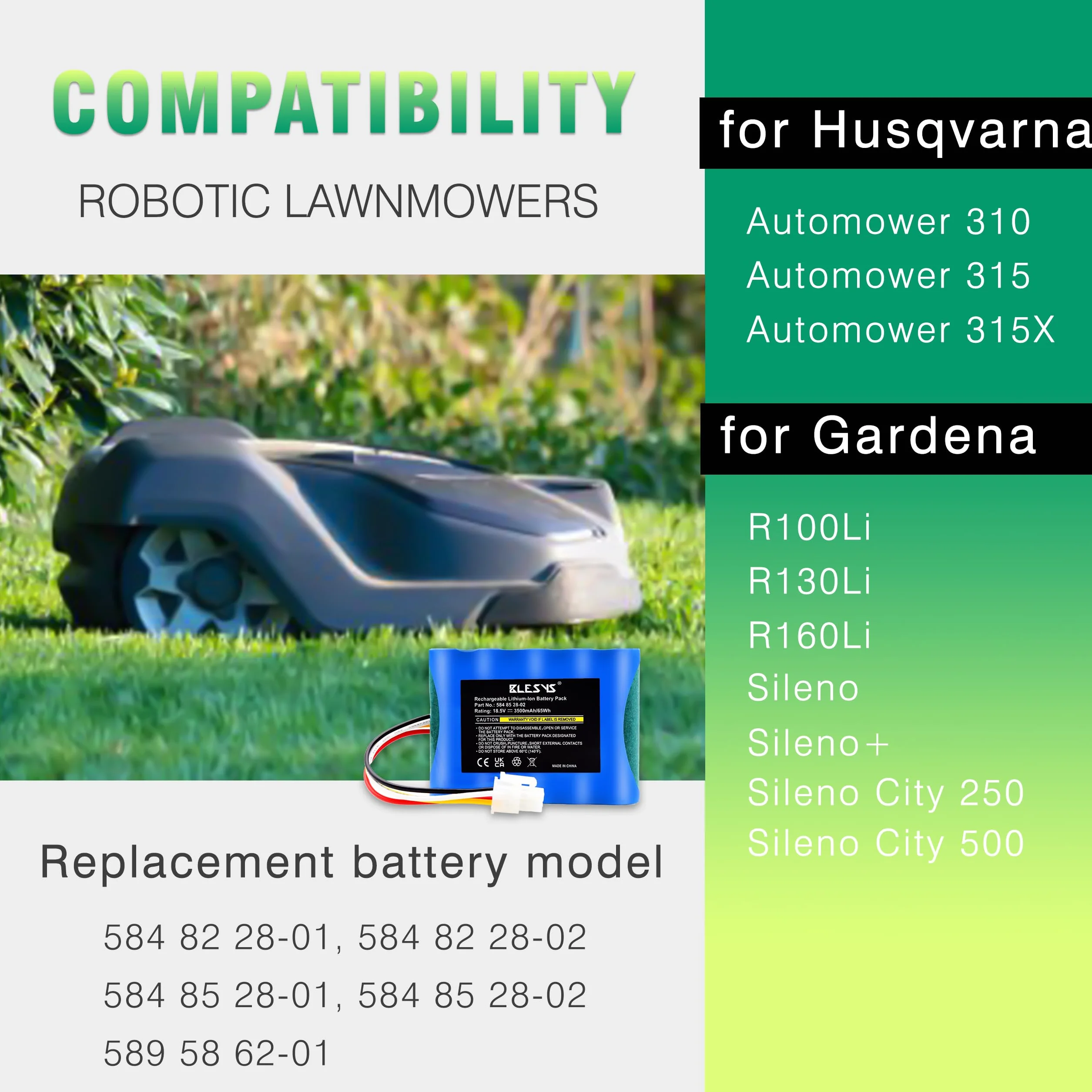 BLESYS 3500mAh Batteria per Husqvarna Automower 310 315 315X Robot Tagliaerba Batteria Modello 584 85 28-02 Compatibile con Gardena Sileno City 250 500 R100Li Sileno+ R130Li R160Li [18,5 V 65 Wh]