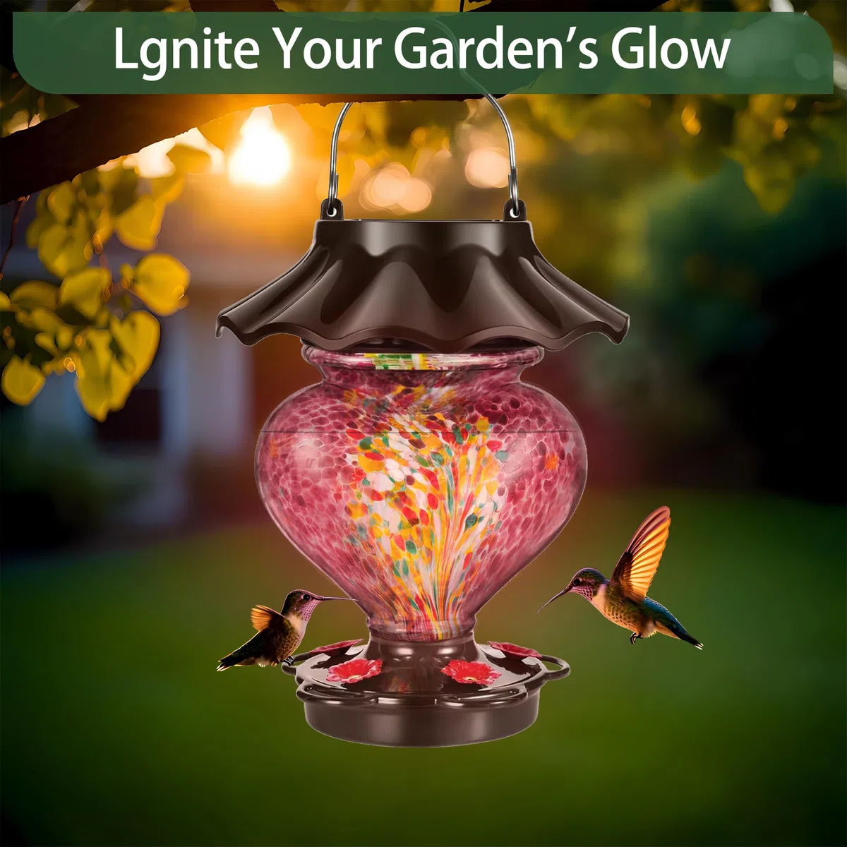 Mangiatoia solare a forma di cuore per esterni, in vetro soffiato a mano, 33 fl.oz, a prova di perdite e antiruggine, include 2 ganci per appendere, decorazione unica da giardino con LED a energia