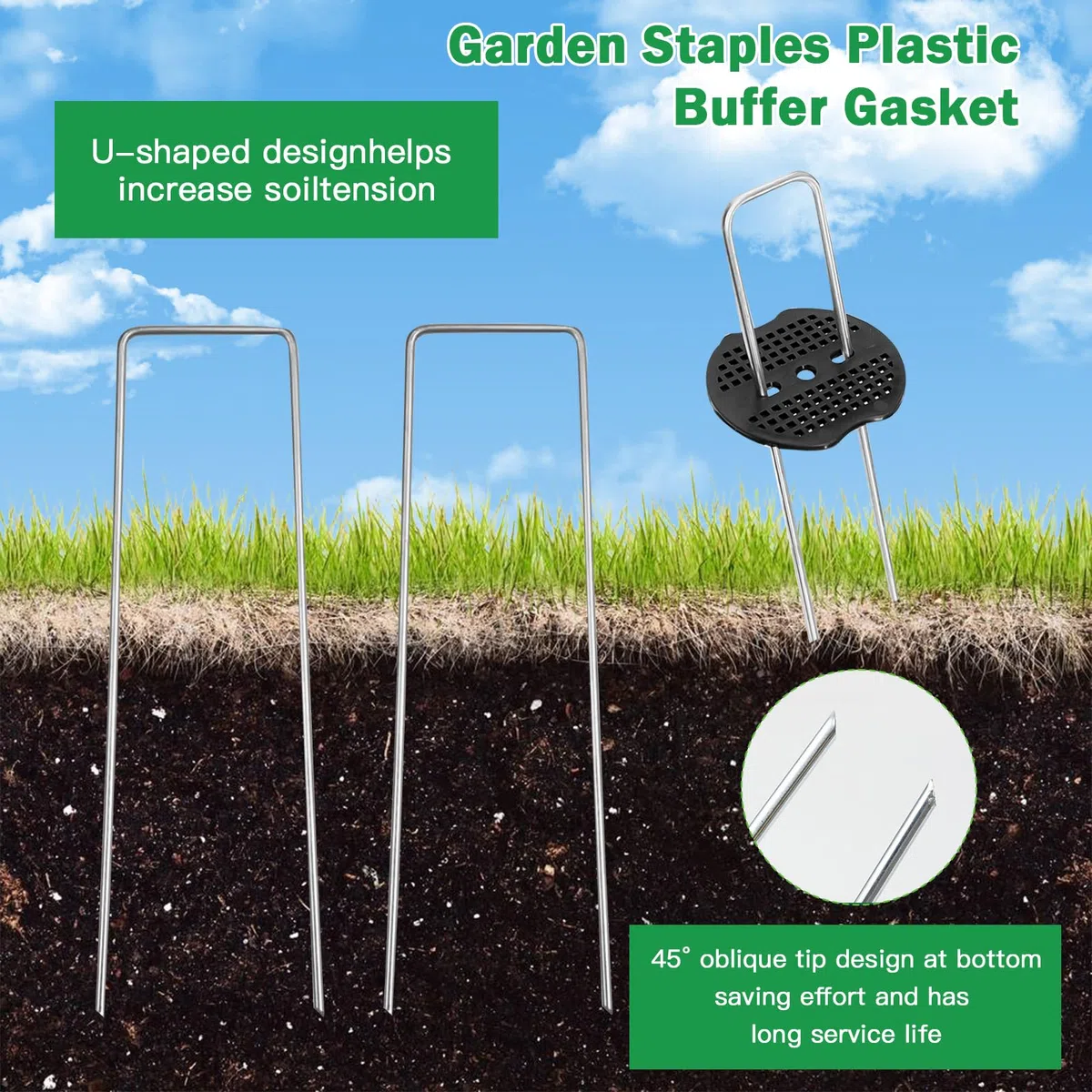 Picchetti per Telo Pacciamatura, 100 Picchetti Giardino + 100 Rondelle, in Acciaio, 150x40x2mm, Fissaggio per Tessuto, Erba Artificiale, Prato Sintetico, Tenda da Campeggio