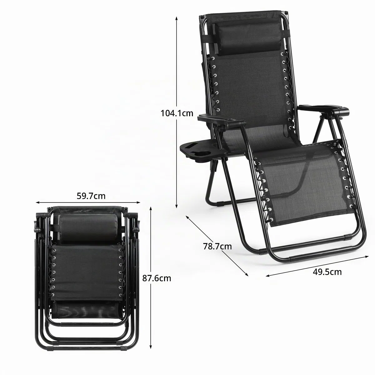 VOWNER Sedie da Giardino Pieghevoli, Set di 2 Poltrone Esterno, Nero | Poltrone pieghevoli da esterno con tettuccio parasole e porta bevande per piscina.